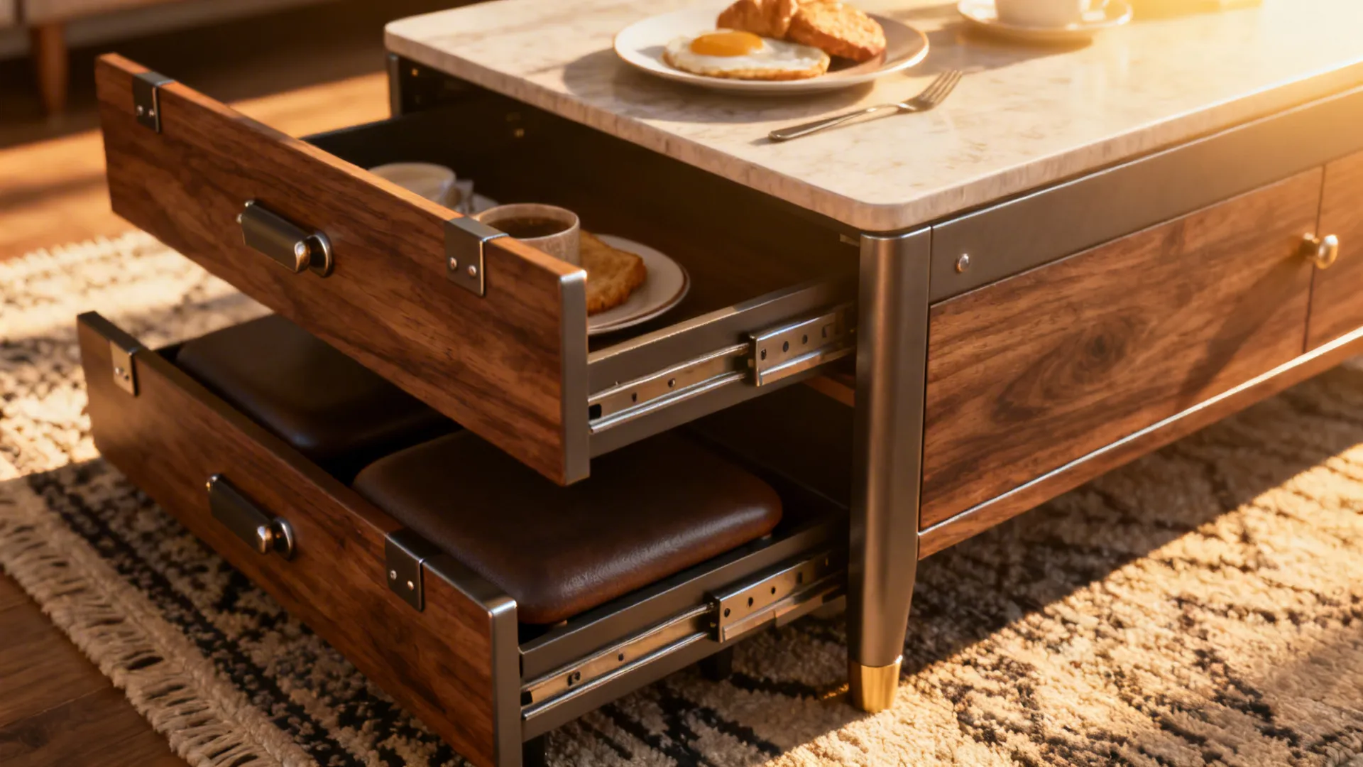 Close-up of a lift-top coffee table showing hardware and raised surface used as a breakfast nook.