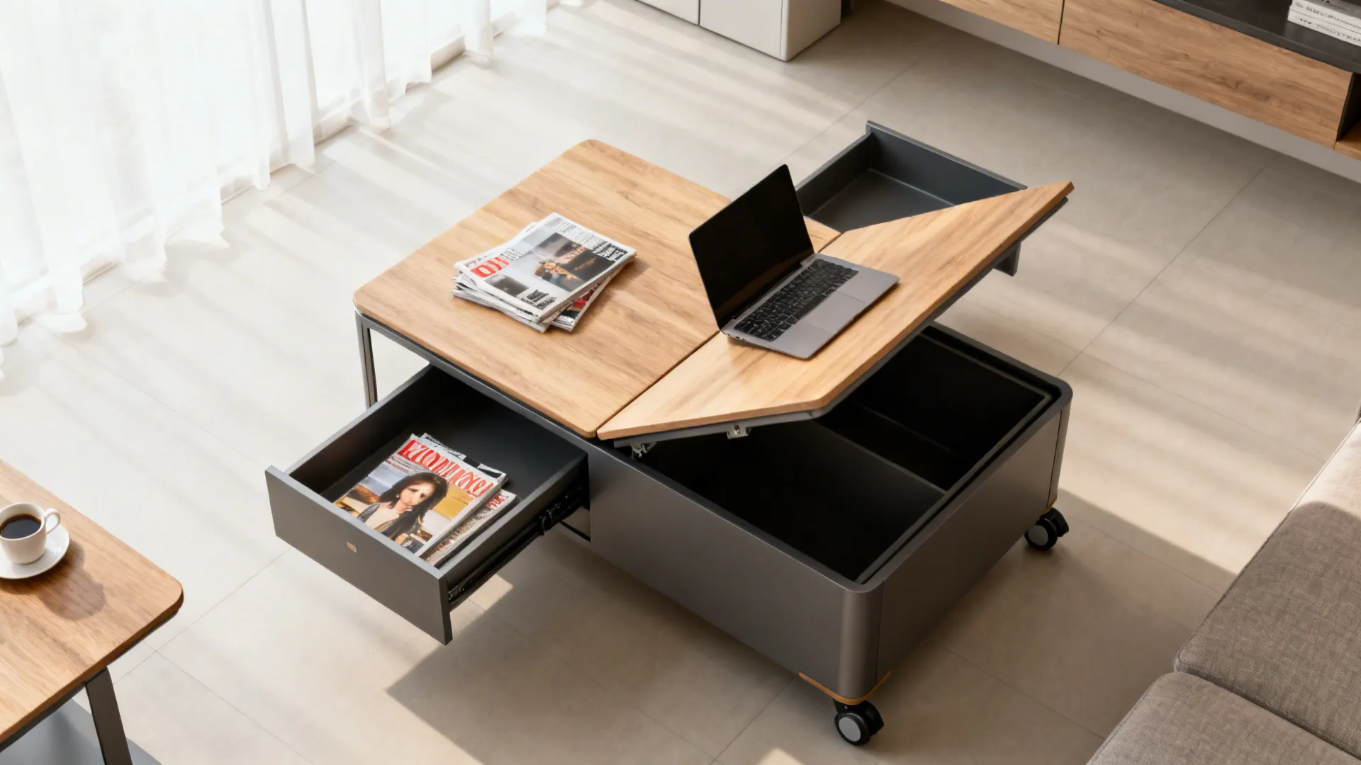 Lift-top coffee table with hidden storage used as a work surface in a small living room