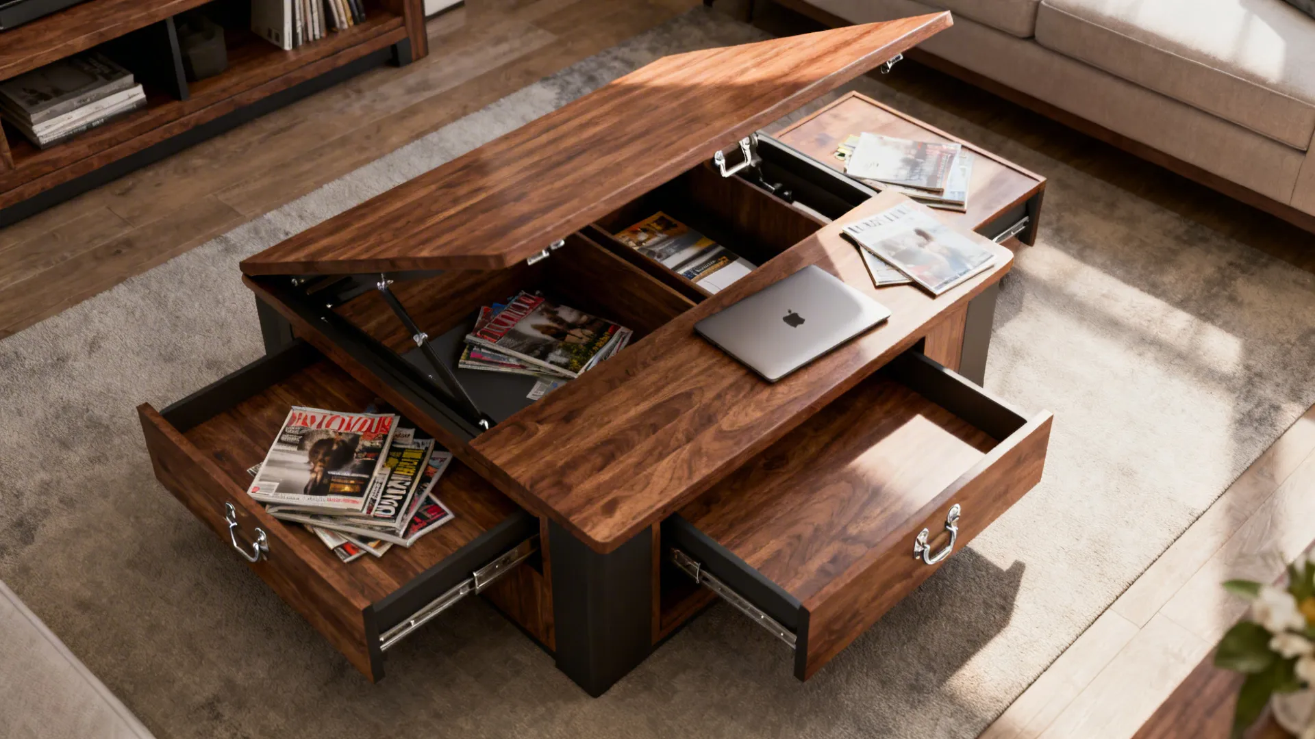 Top-down view of a lift-top coffee table converted into a workspace with hidden storage.