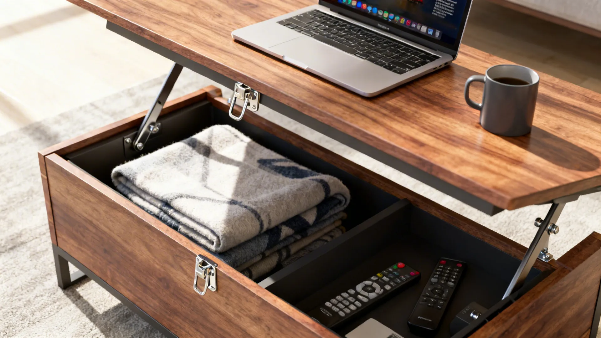 Convertible lift-top coffee table showing internal storage and durable hardware