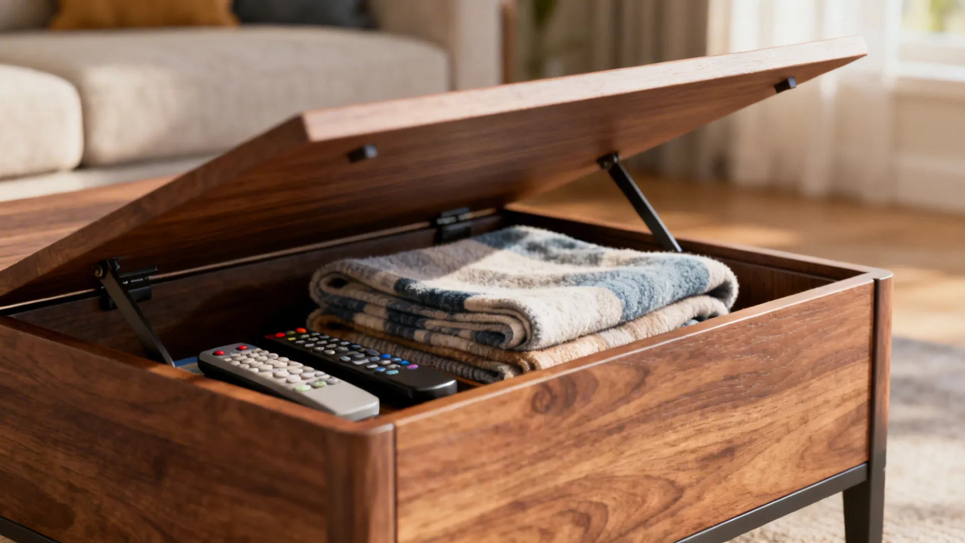 Lift-top coffee table open to show hidden storage with blankets and remotes.