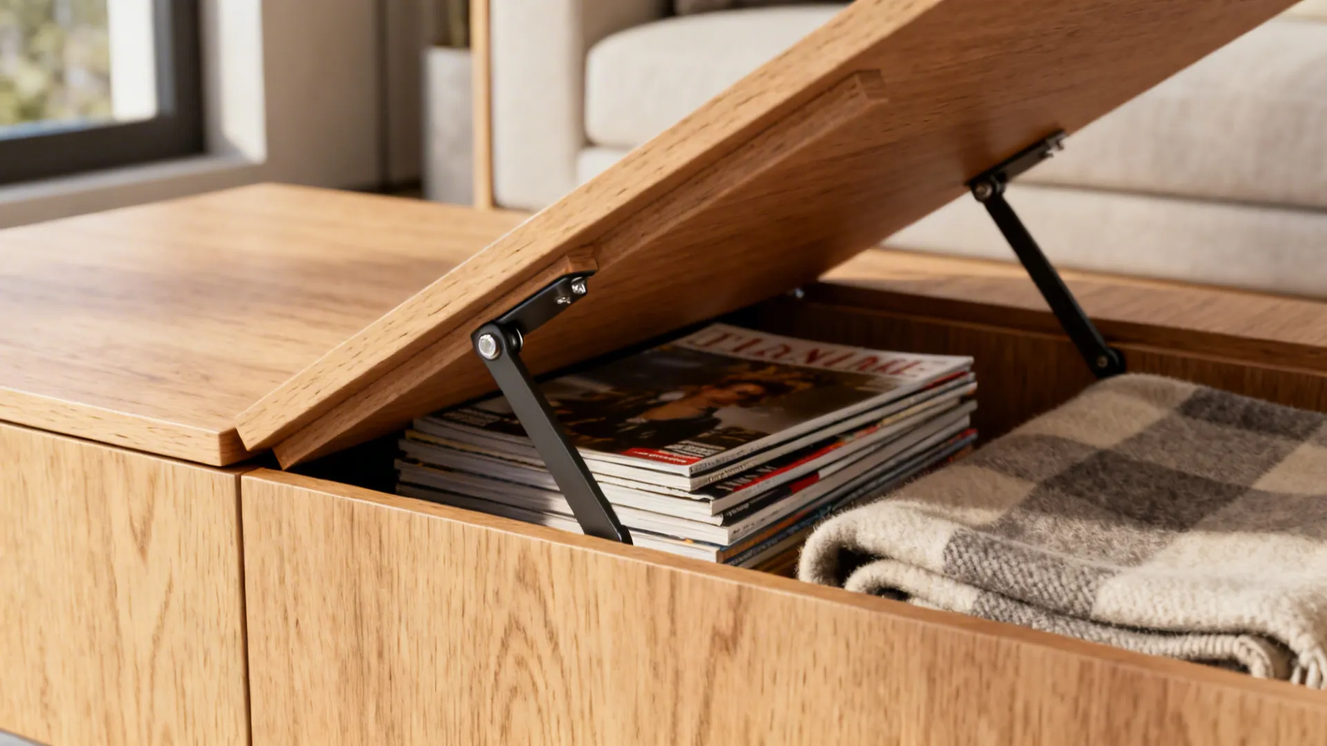 Wooden coffee table with a lift top opening to show stored magazines and a soft blanket