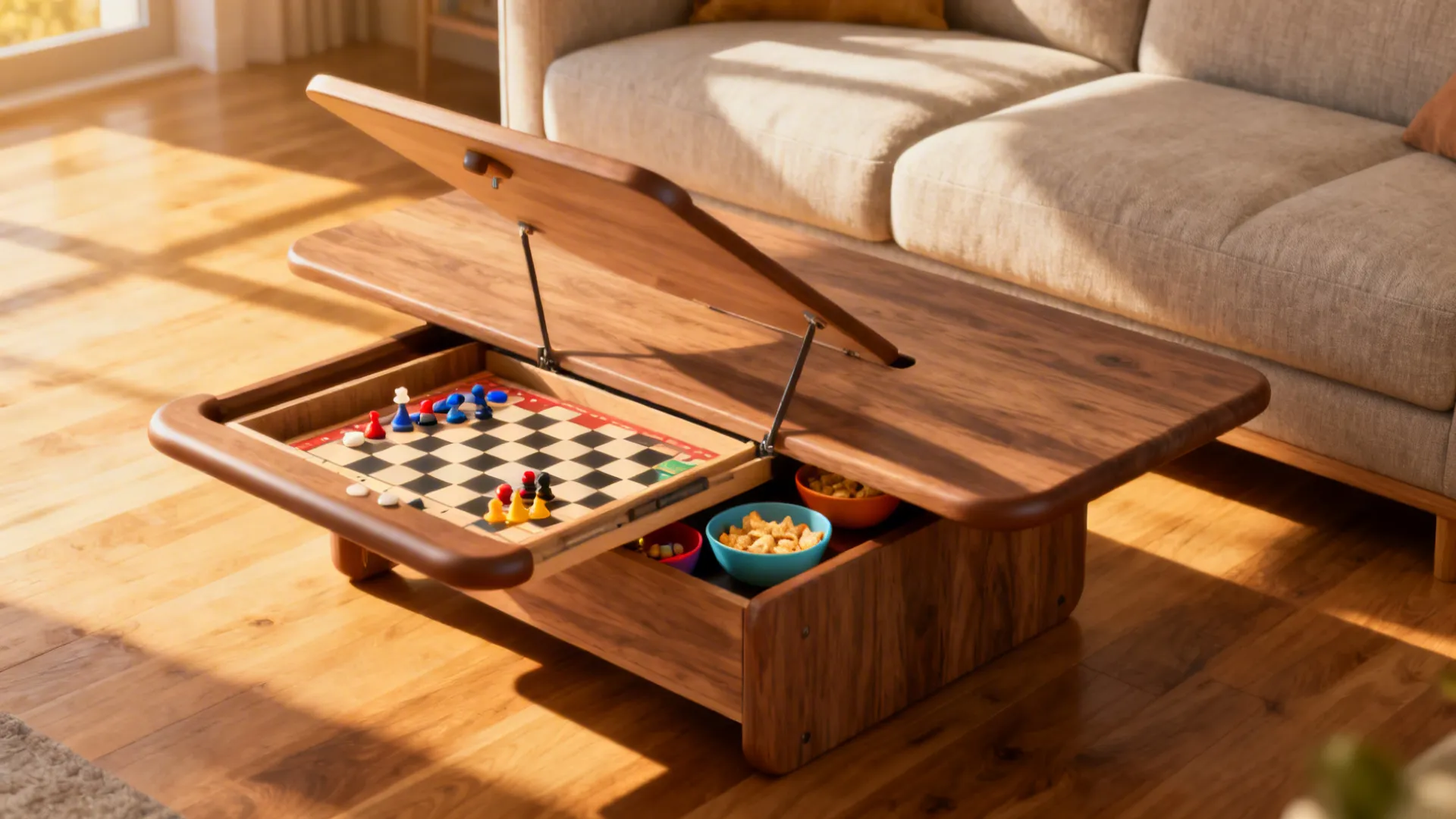 Lift-top coffee table raised with hidden storage for game pieces in a living room