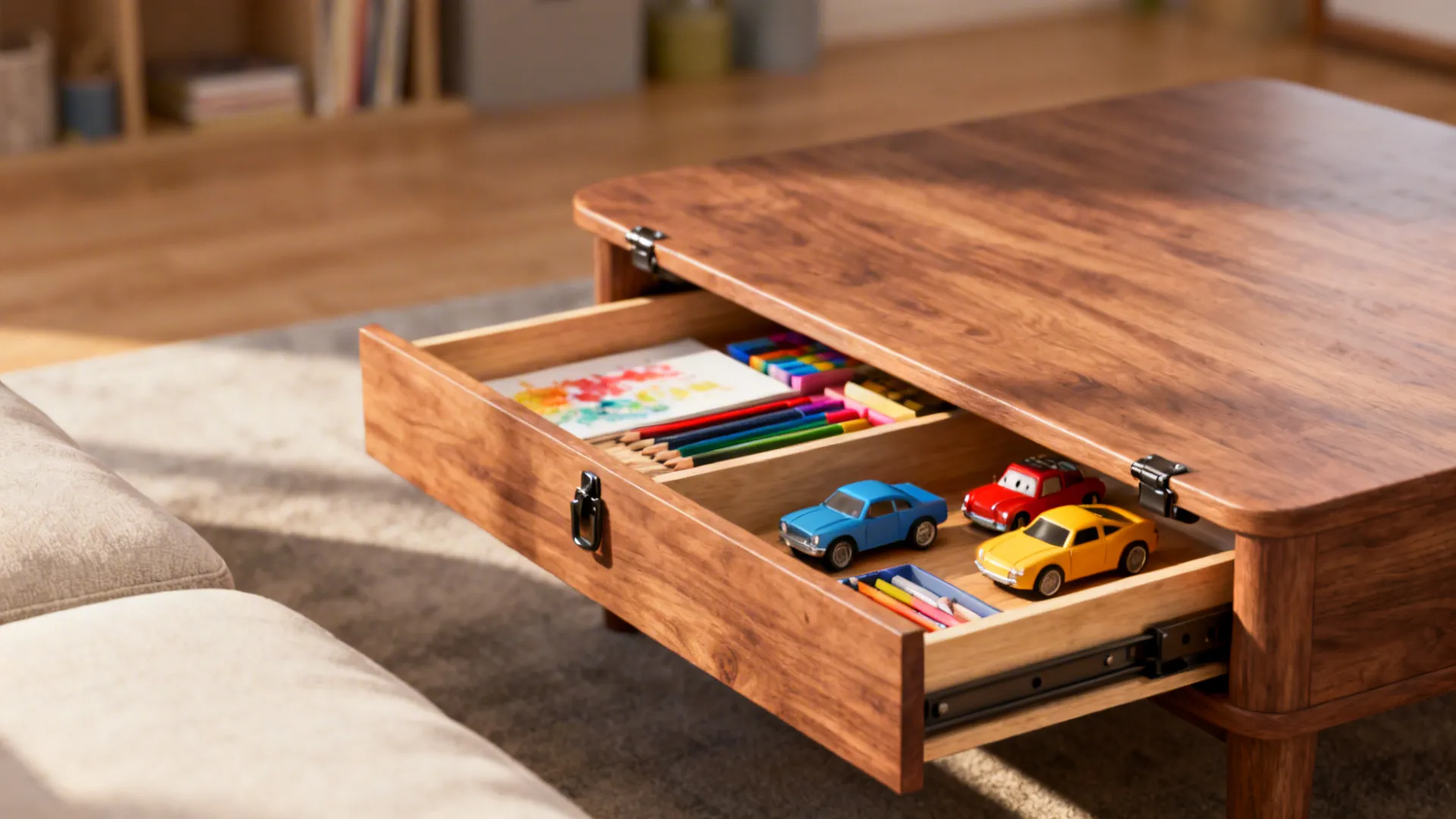 Lift-top coffee table revealing concealed compartments for toys and art supplies