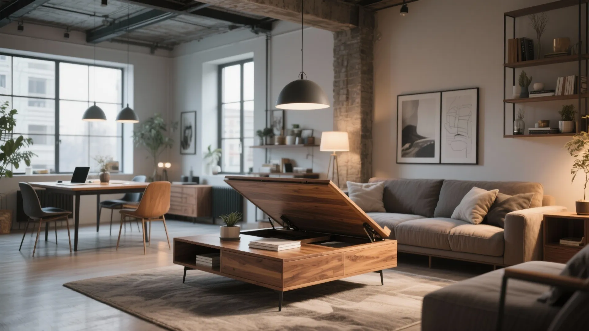 Multifunctional lift-top coffee table in a stylish loft