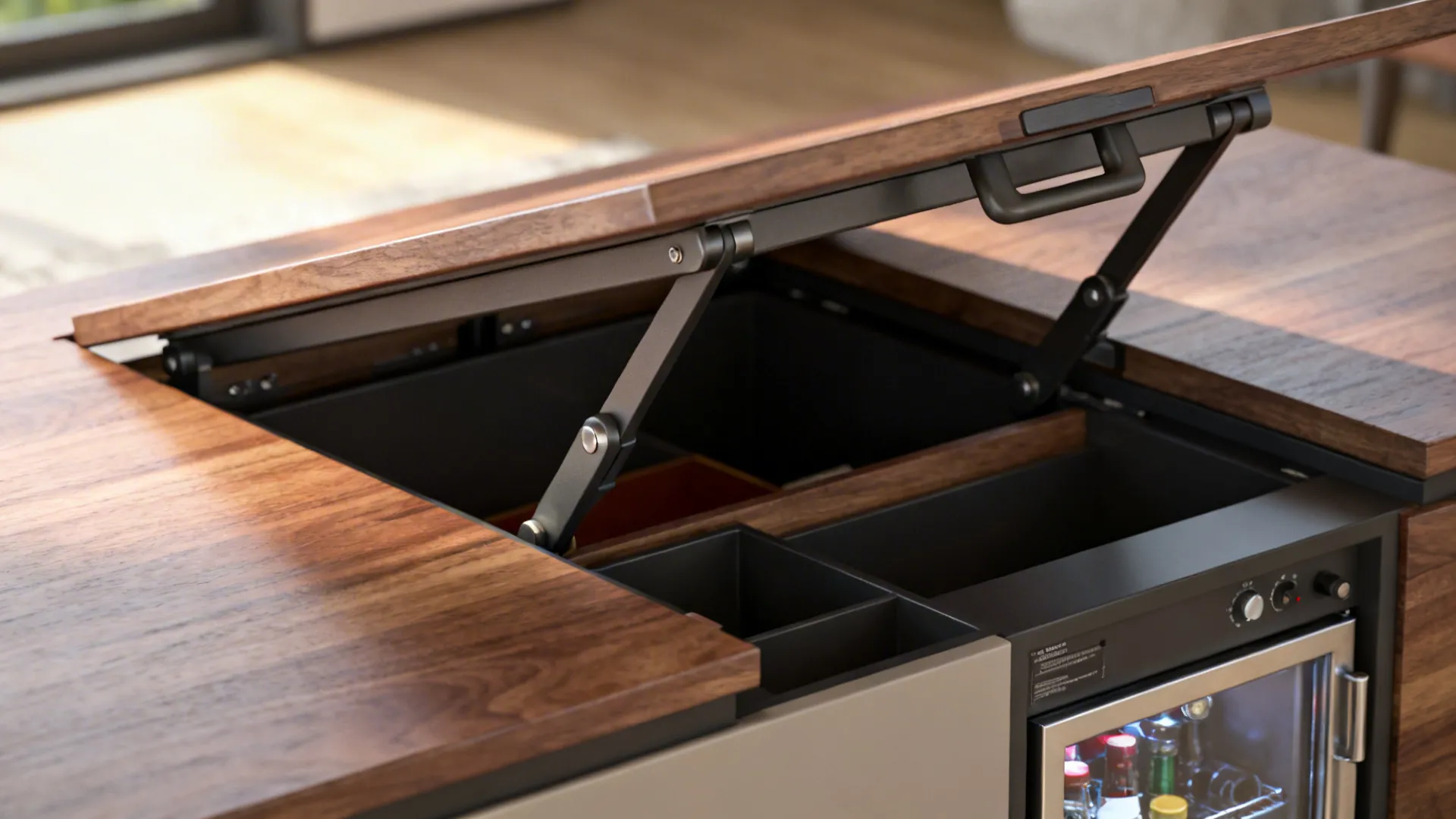Lift-top coffee table with hidden storage and minibar compartment in modern living room