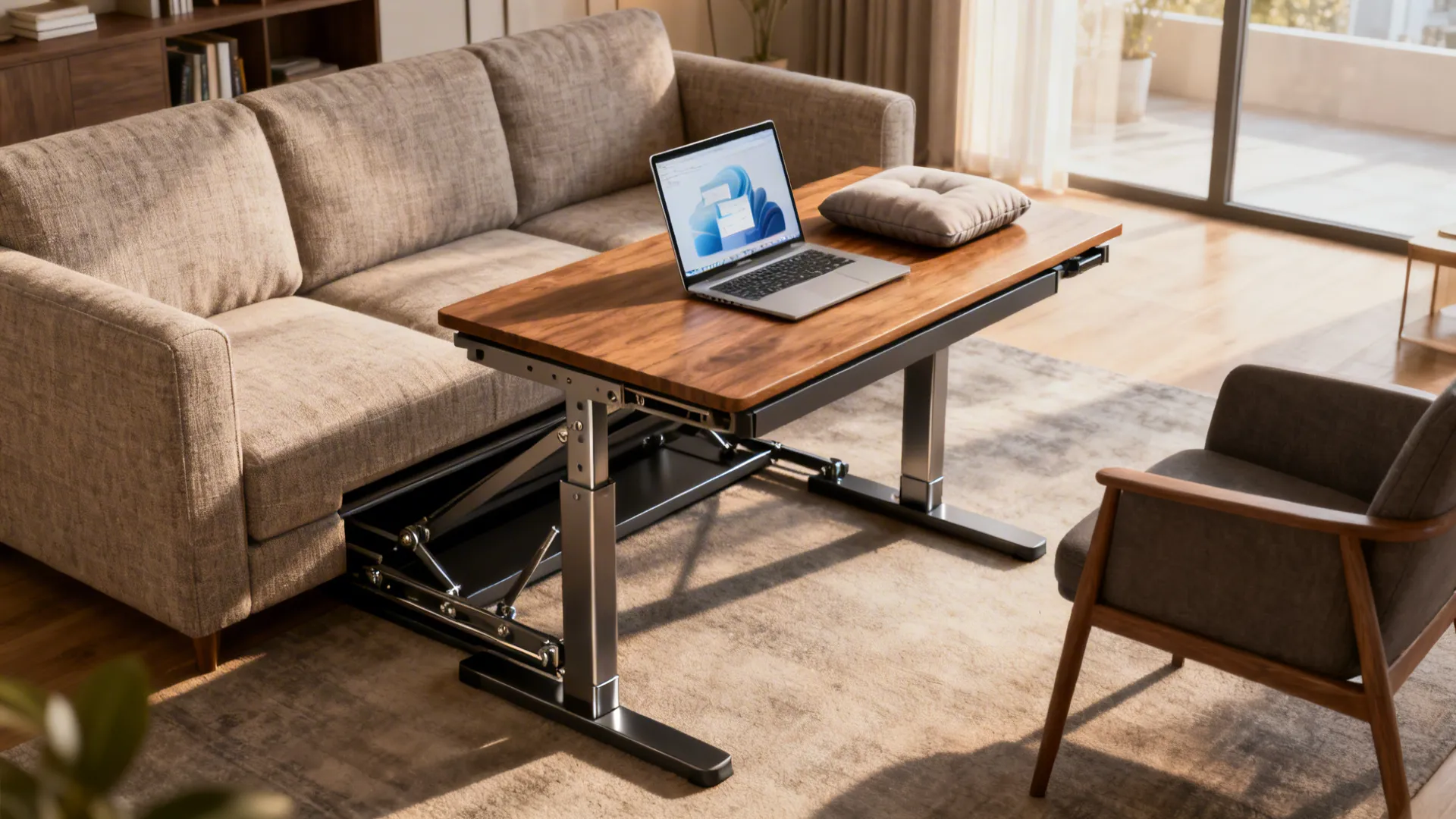 4. Multi-use coffee table that rises to desk height