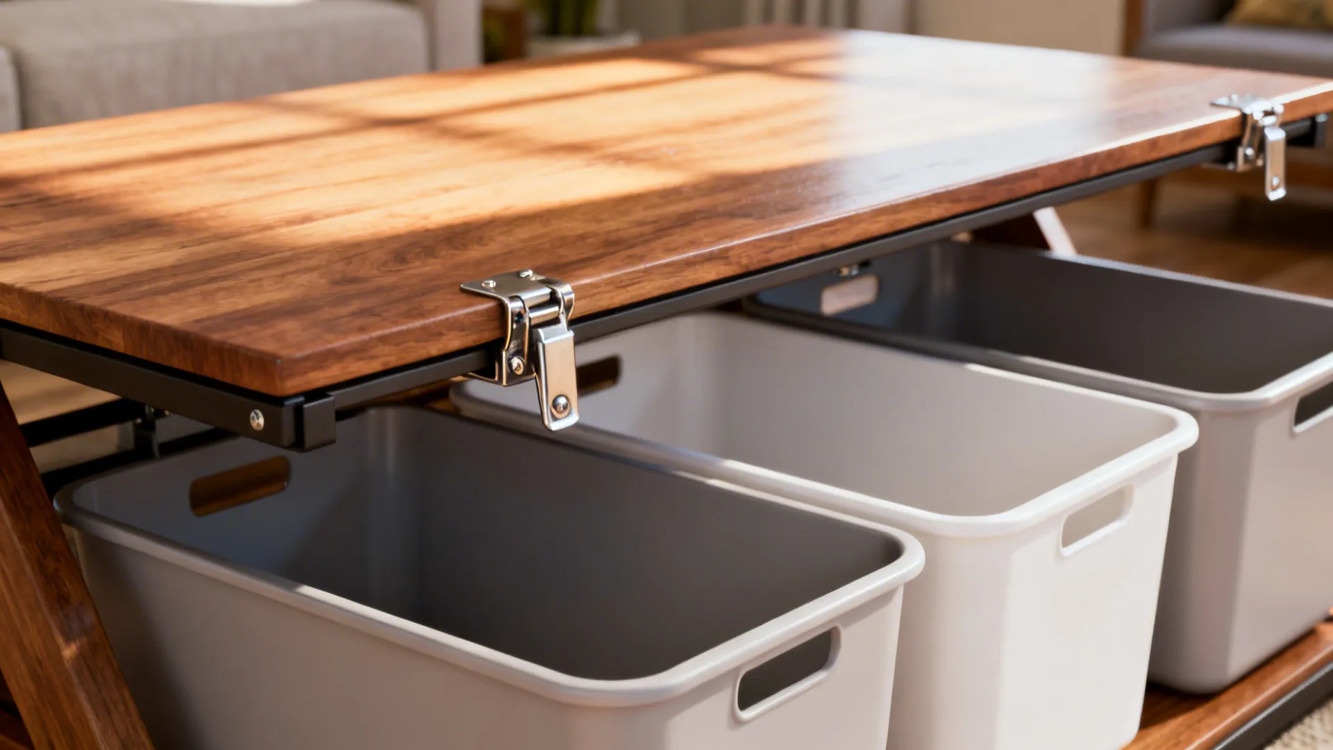Multi-purpose coffee table with lift-top revealing compartments and removable bins for toy storage.