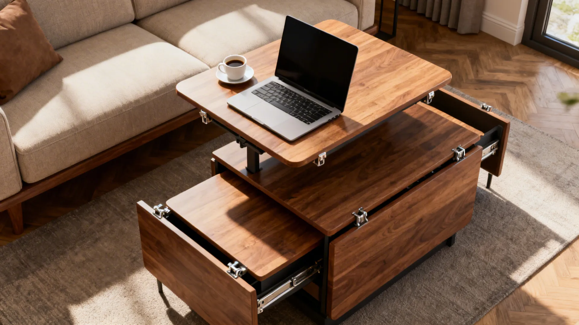 Lift-top coffee table raised to dining height used as a workstation in a small living area