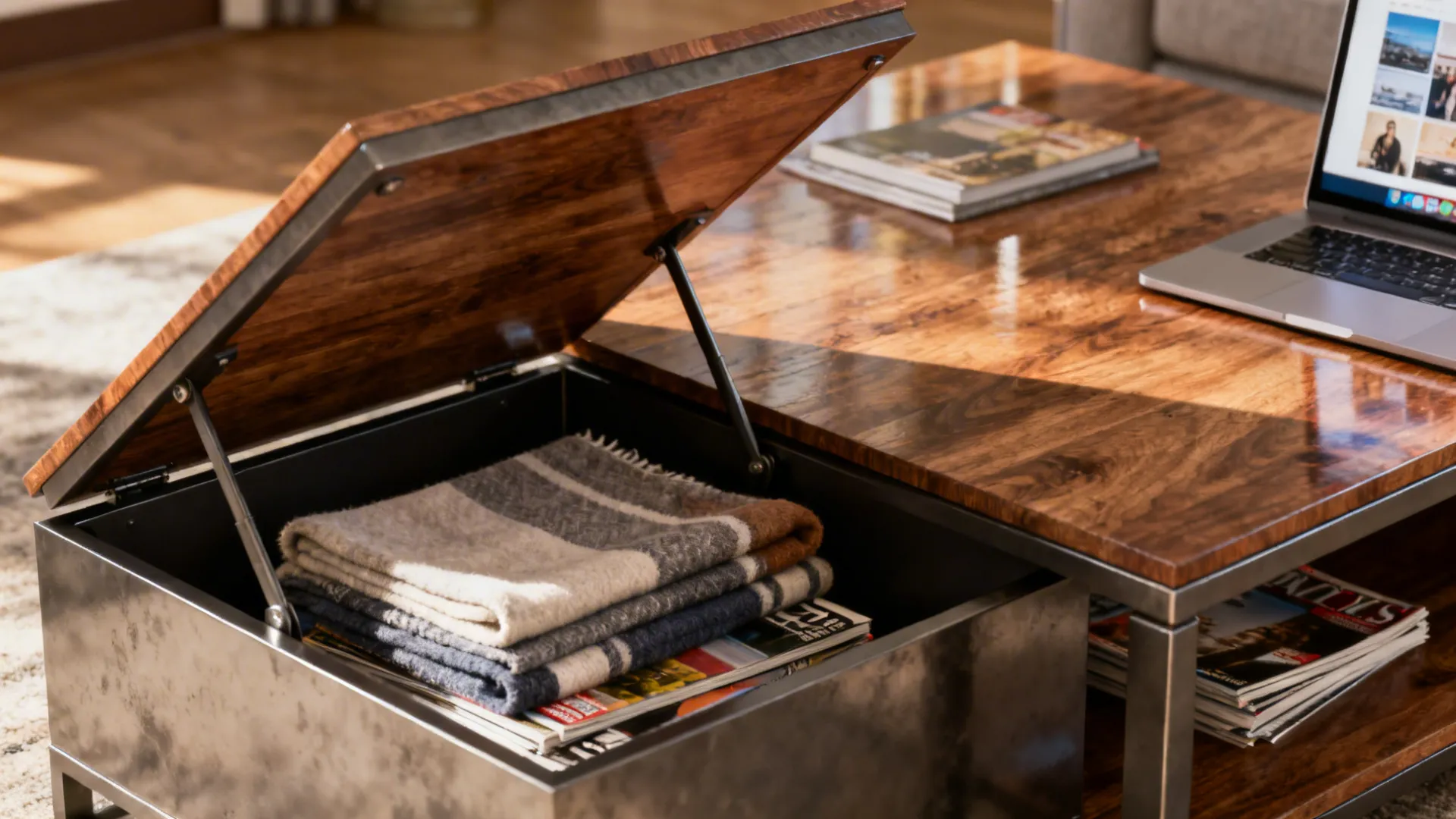 Lift-top coffee table showing hidden storage used as a workspace and dining surface.