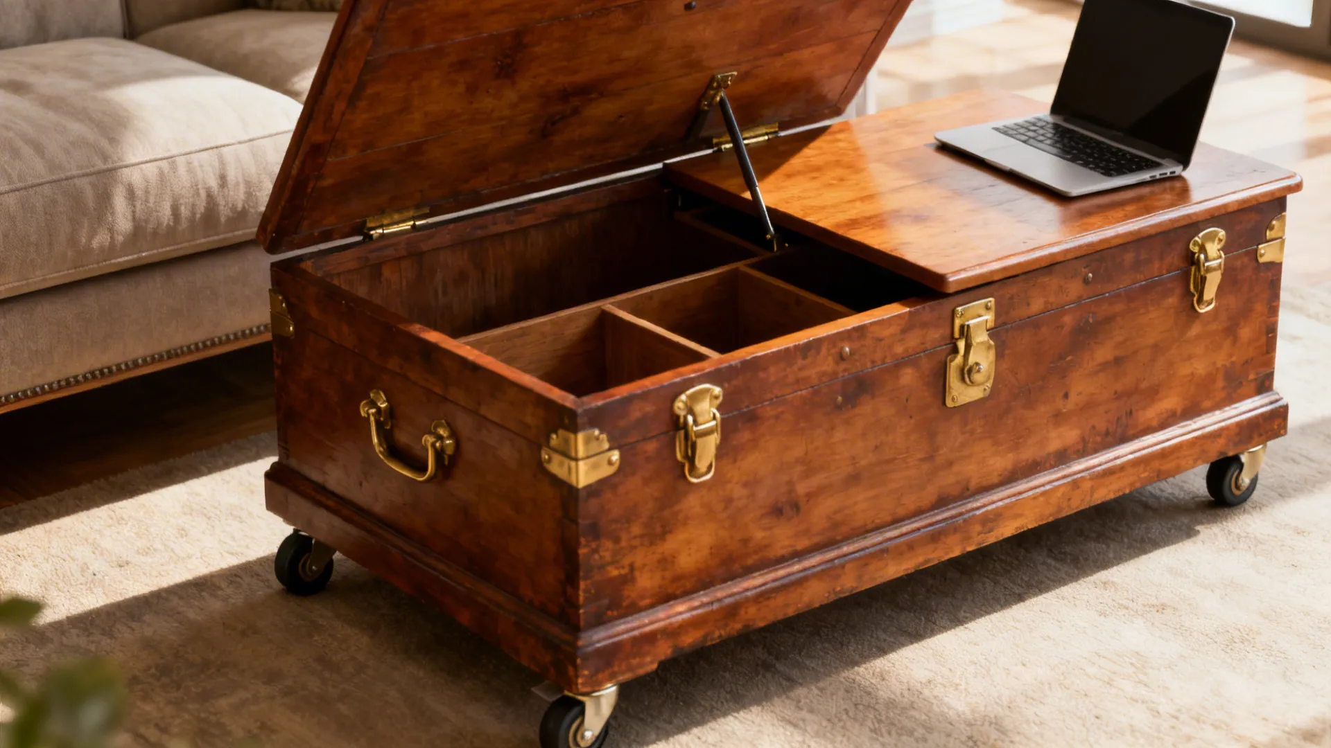 Lift-top coffee table converted from a chest showing storage and mini-desk surface