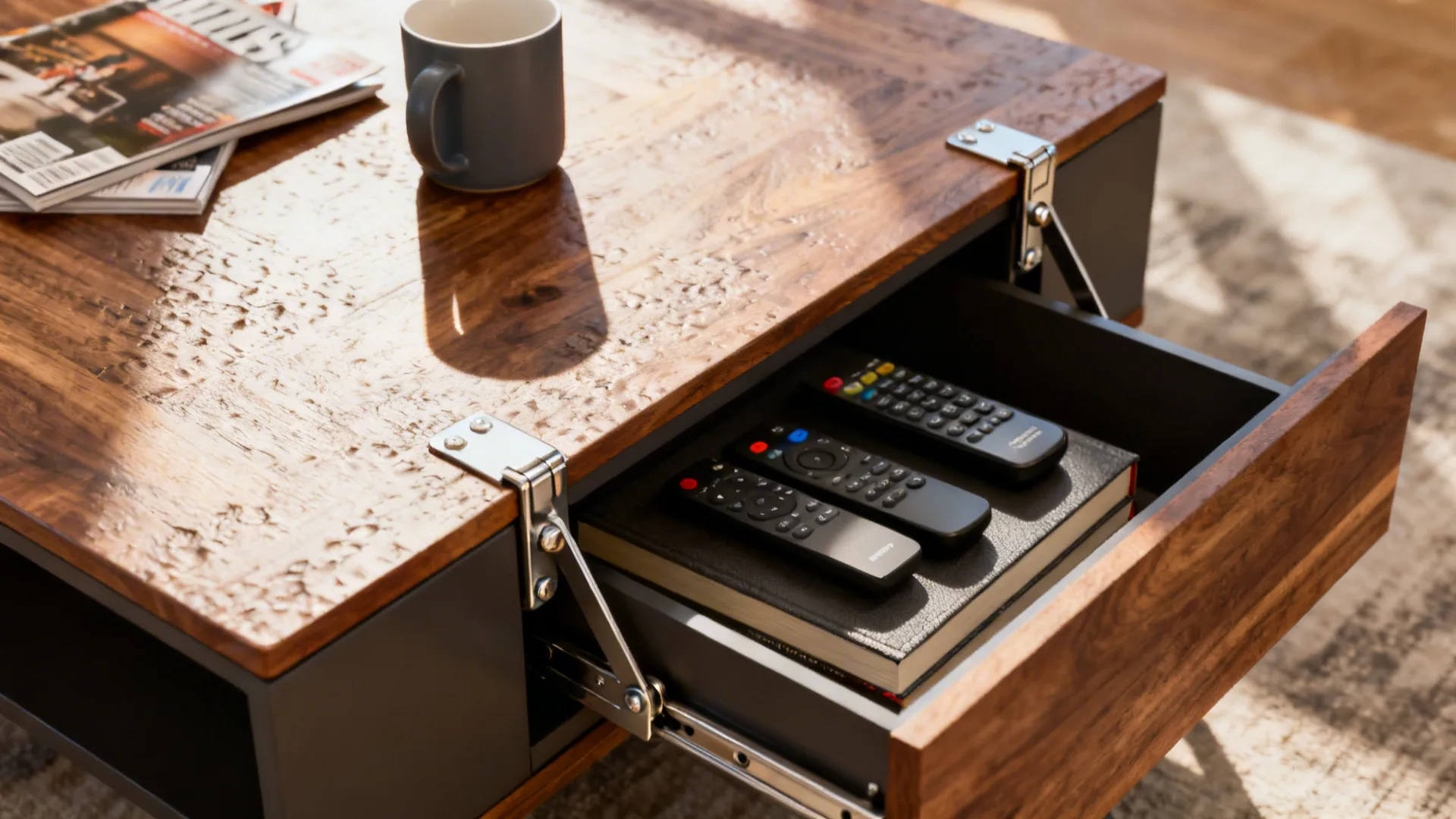 Lift-top multi-purpose coffee table open to show hidden storage in a living room.