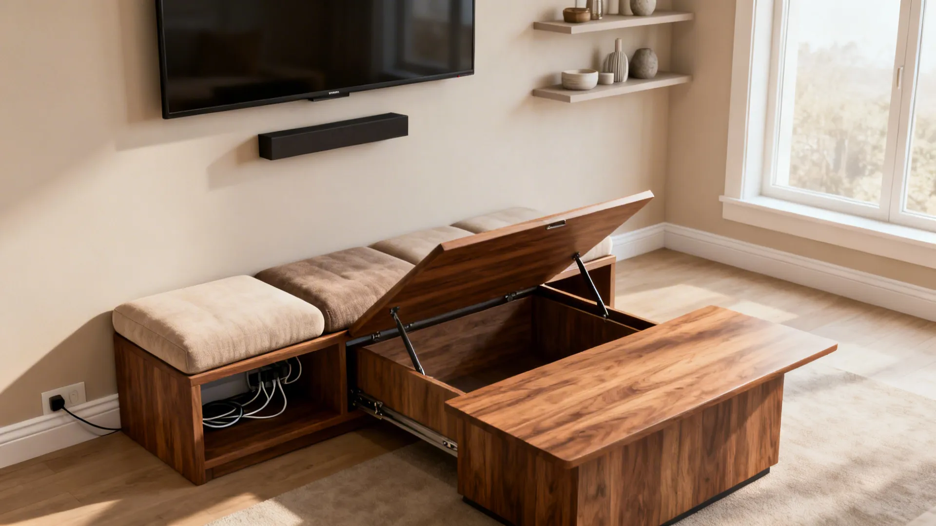 Lift-top coffee table open showing storage with wall-mounted TV and floating shelves above.