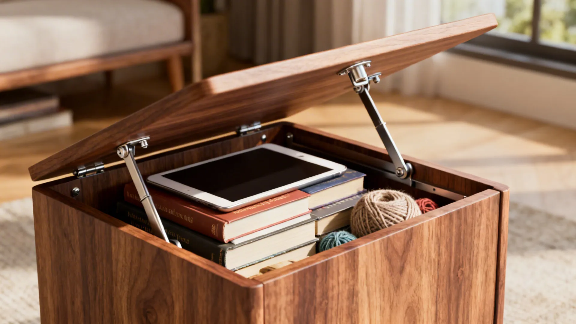 Open lift-top side table revealing a hidden compartment with books and a tablet, showing reinforced hardware.