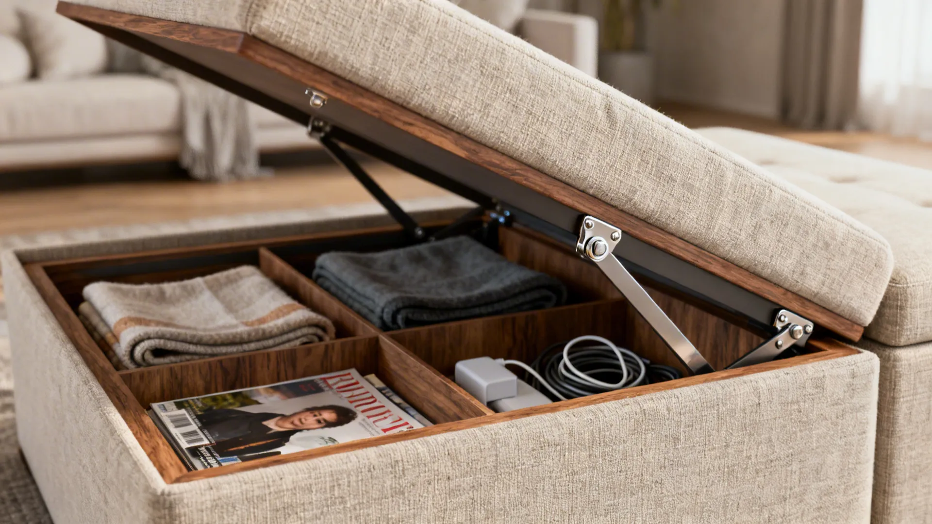Open lift-top ottoman showing divided compartments for throws and magazines with sturdy hinge