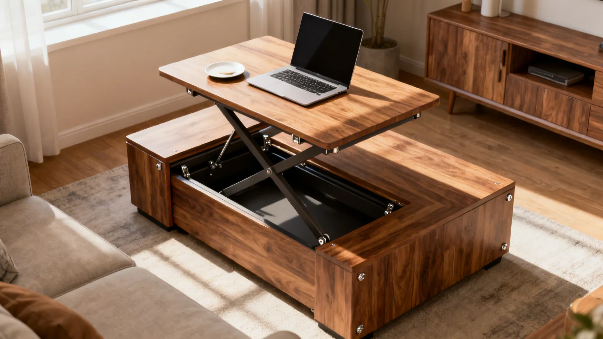 Convertible lift-top rectangular coffee table used as a workstation and dining surface in a small living room