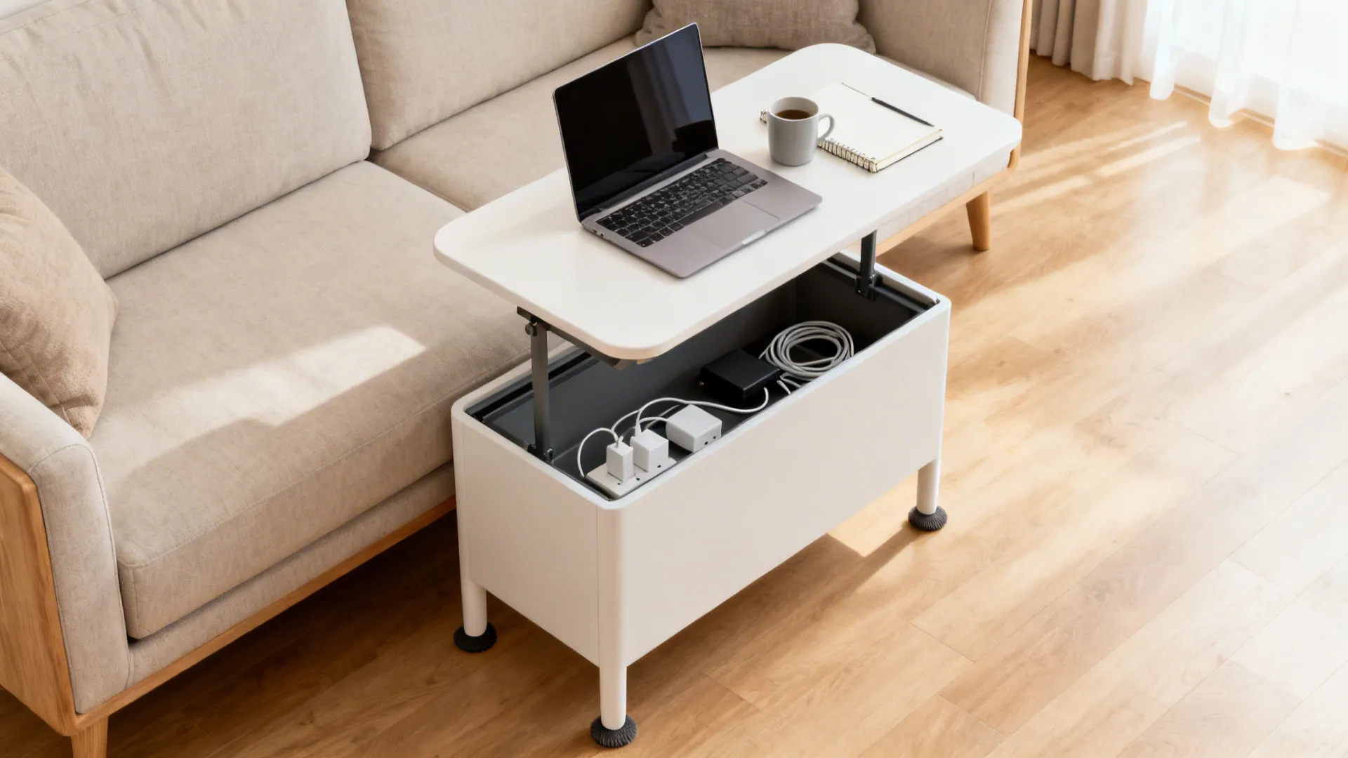 Top-down view of a lift-top coffee table used as a laptop desk with hidden storage.