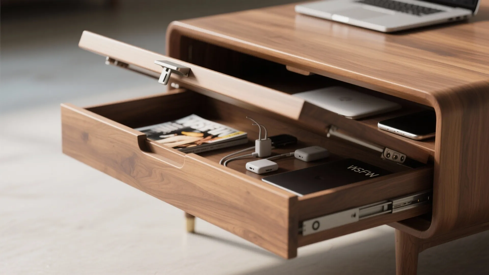 Wooden coffee table with open drawer showing magazines and charging cables under a sleek laptop