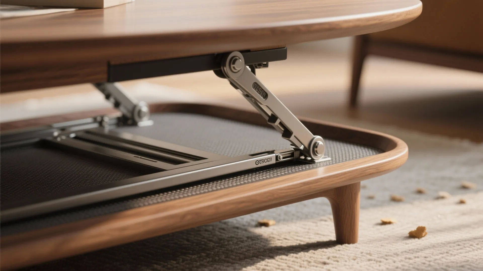 Close up view of a wood coffee table with a metal lift top hinge mechanism