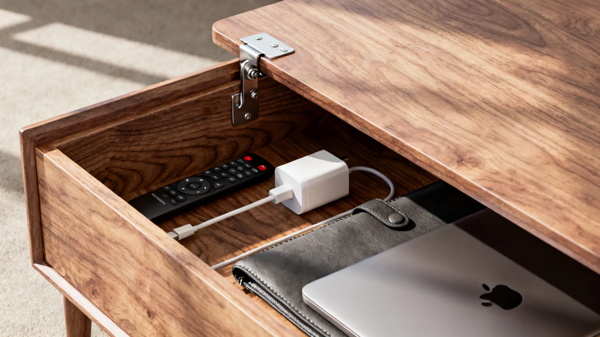 Close up of a lift-top coffee table showing hinge mechanism and organized interior storage