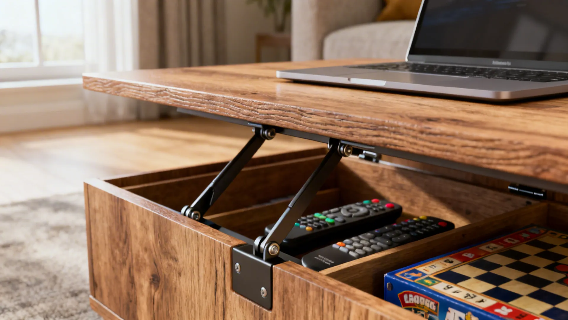 Close-up of a lift-top coffee table showing mechanism and hidden storage with remotes