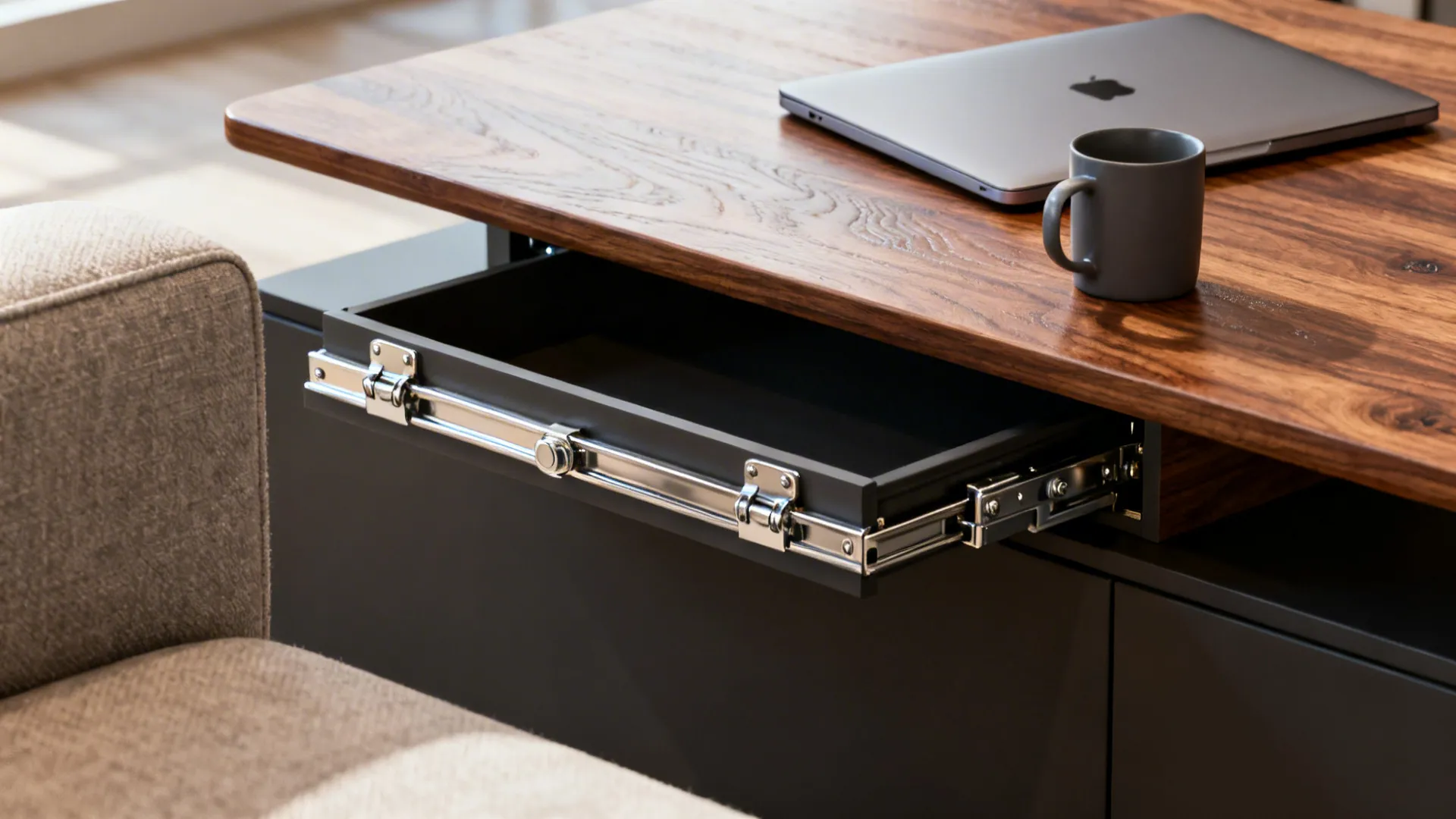 Close-up of a lift-top coffee table showing the raised surface and hidden storage compartment.