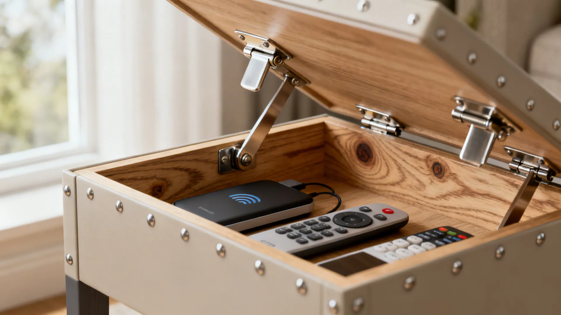 Close up of a wooden side table with lift top storage containing remote controls and charger
