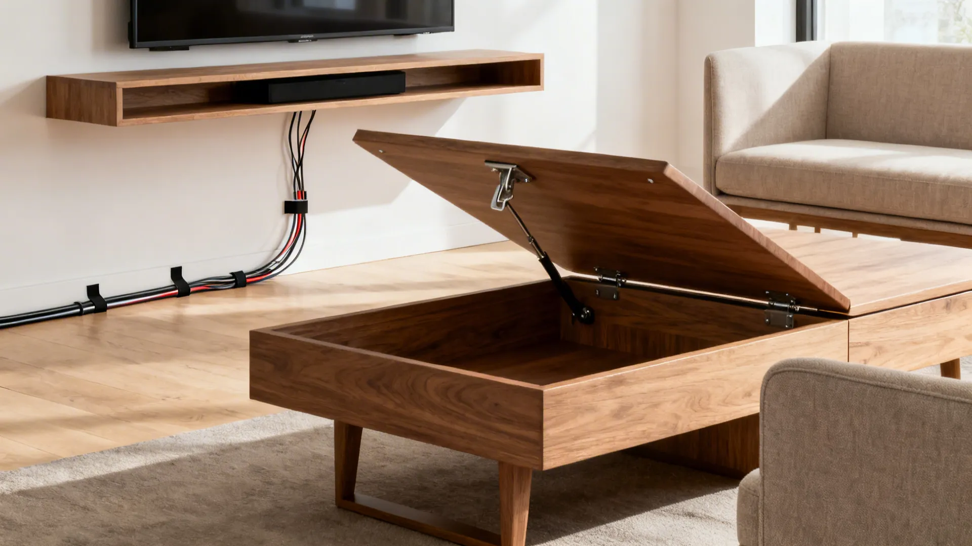 Close-up of a lift-top coffee table hinge and floating media console with neat cable management.