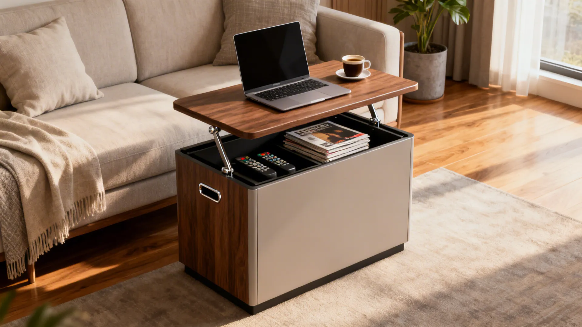 Lift top coffee table with laptop and coffee cup showing internal storage for remotes magazines