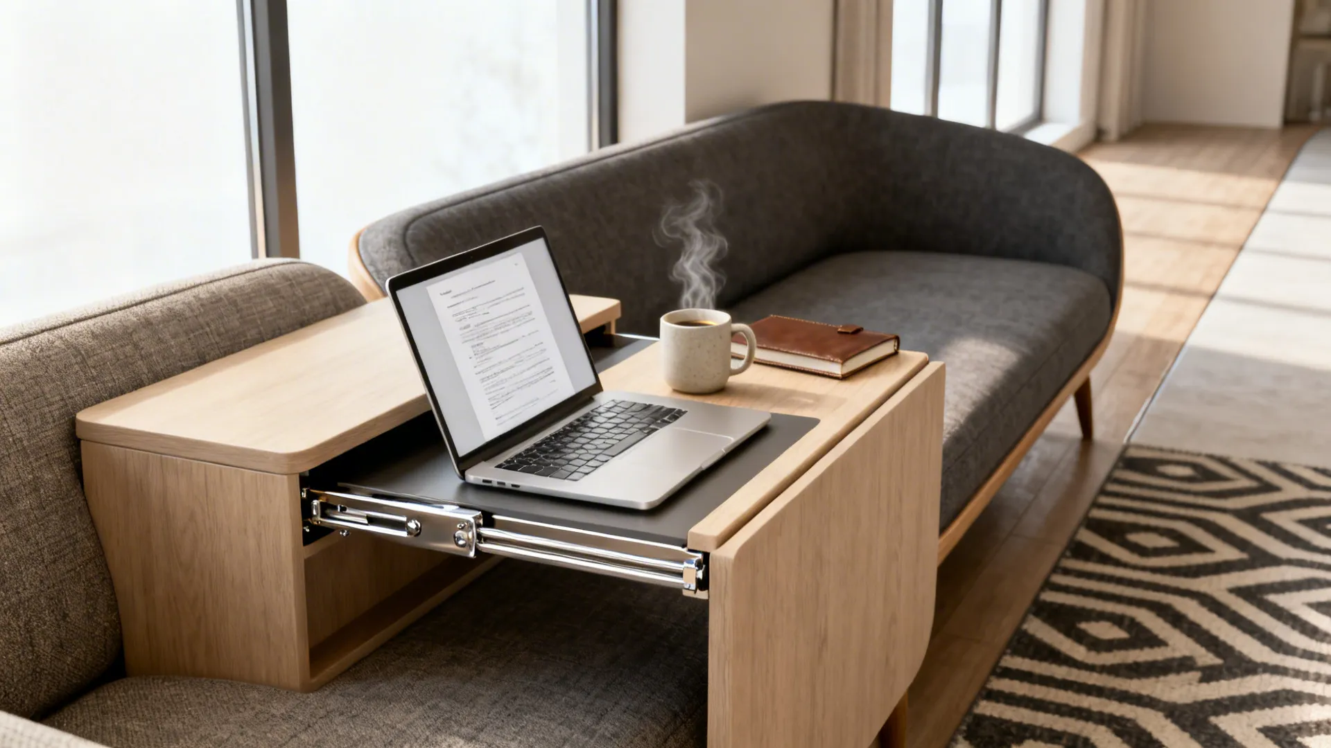 Lift-top end table turned into a mini workspace with a laptop and visible lift mechanism.