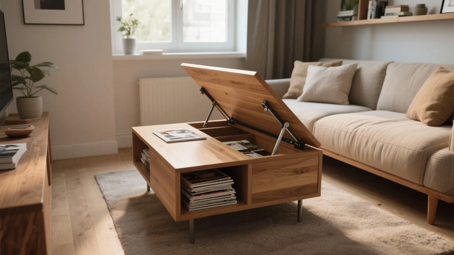 Modern wood coffee table with lift top and storage compartments in a bright living room
