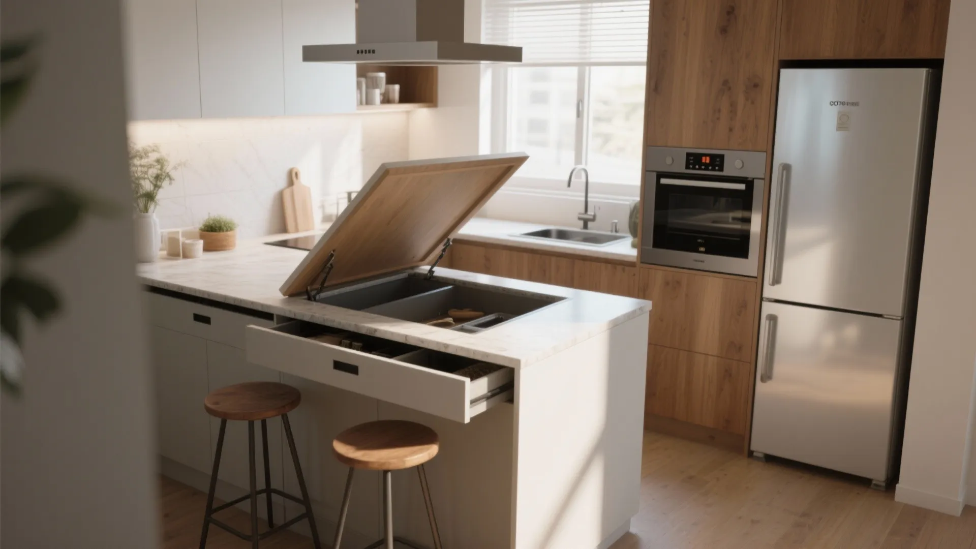 Modern kitchen island with lift top storage wooden stools silver fridge and wood cabinets sunlight