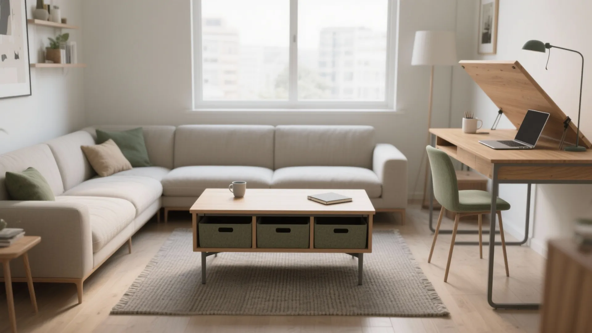 Modern living room featuring a white sofa wood coffee table and wooden desk with laptop