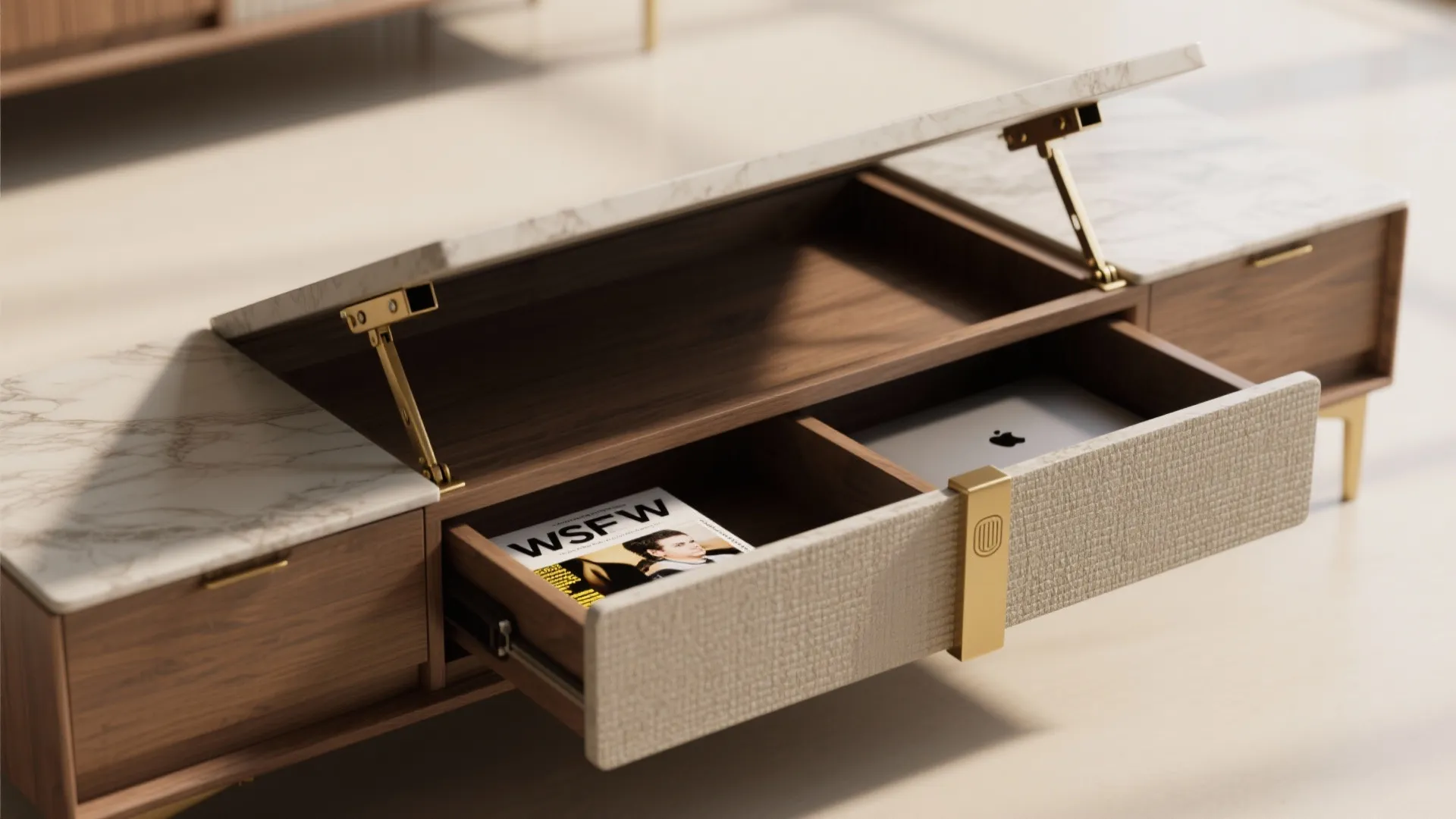 Wooden storage cabinet with marble top featuring a lift lid mechanism and an open drawer