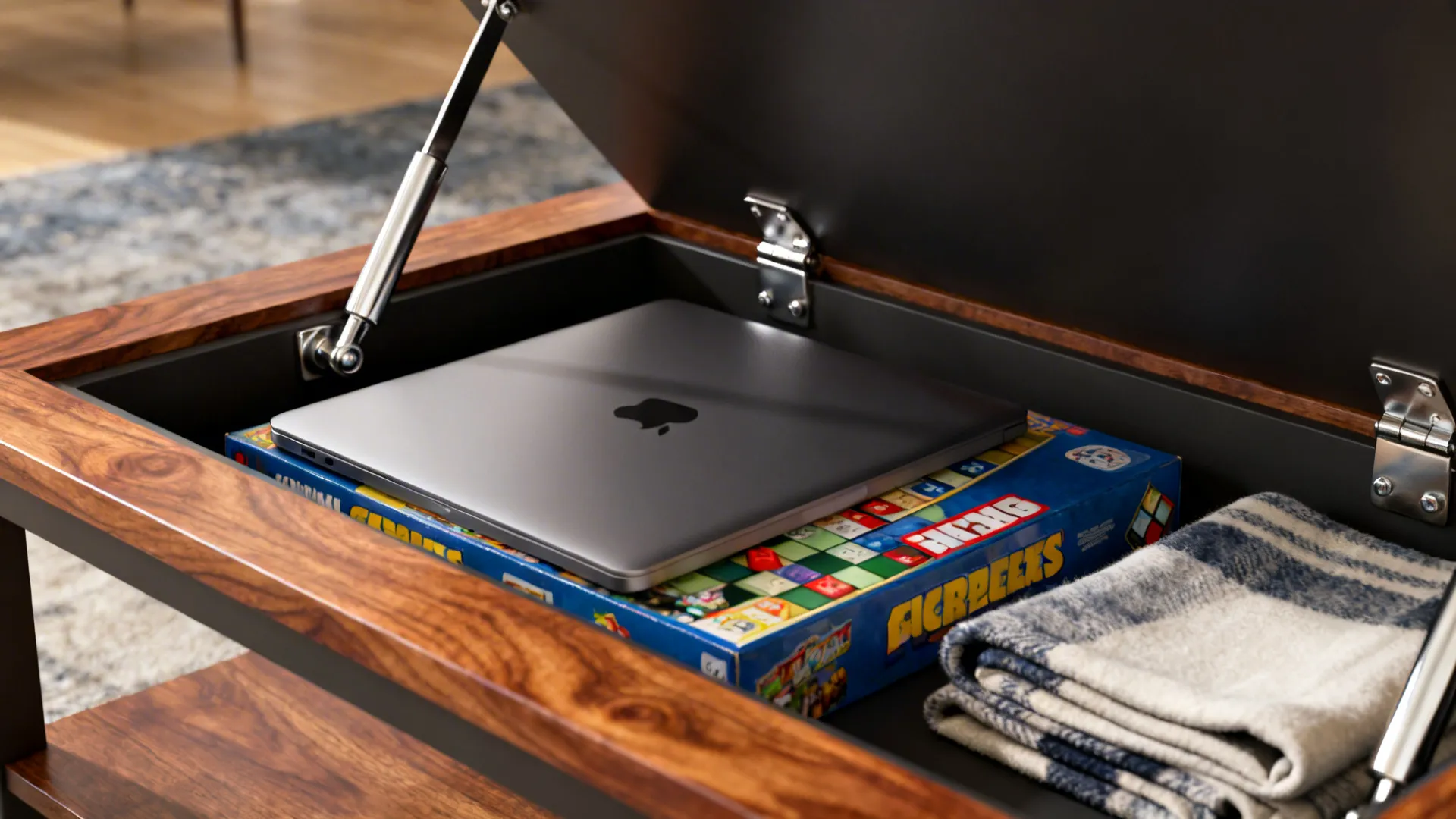 Open lift top wooden coffee table with storage for a laptop board games and blanket