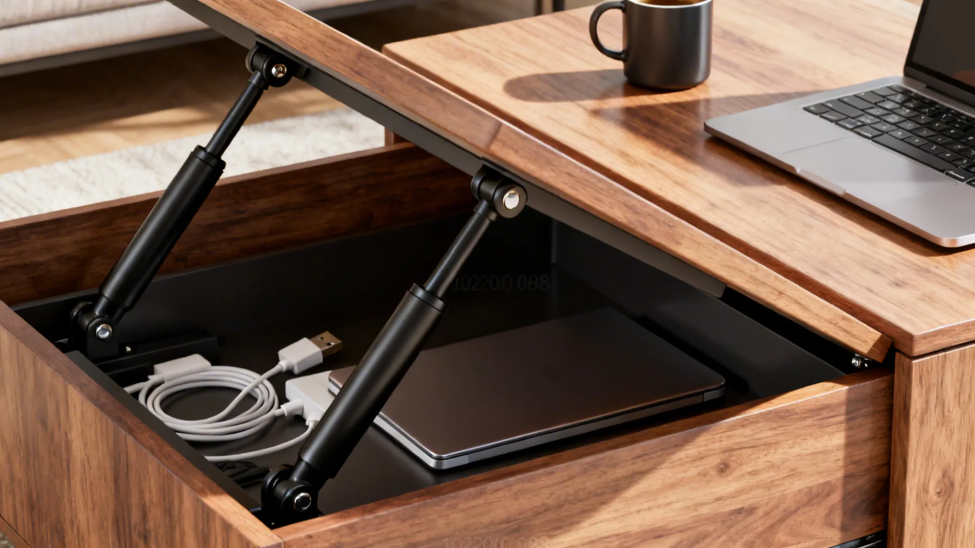 Wooden coffee table with open lift top showing storage space for laptop and white cables