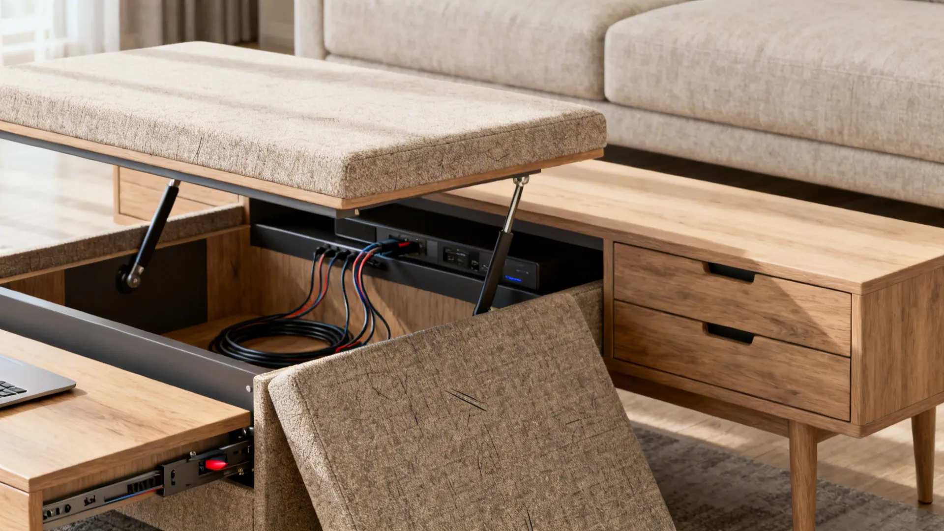 3. Lift-top coffee table + media console with hidden storage