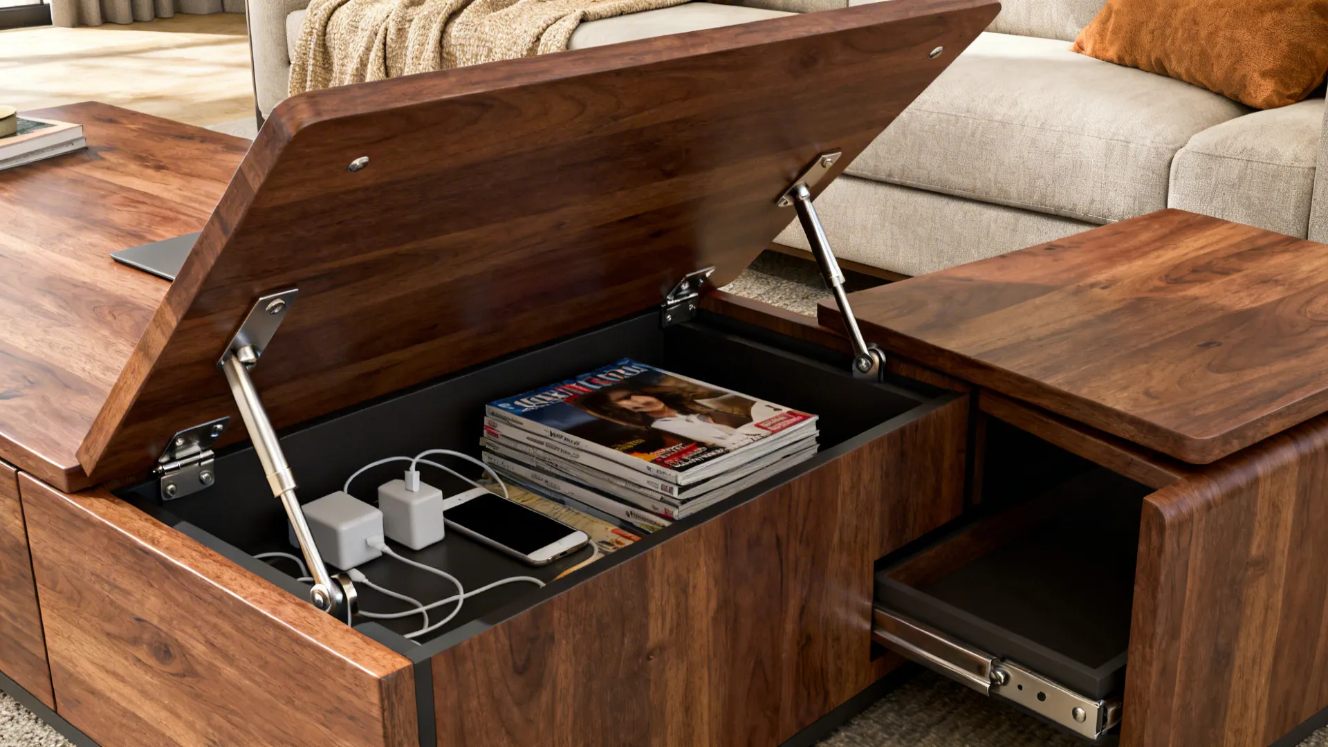 Lift-top coffee table raised to show storage compartment with nesting side table beside a sofa.