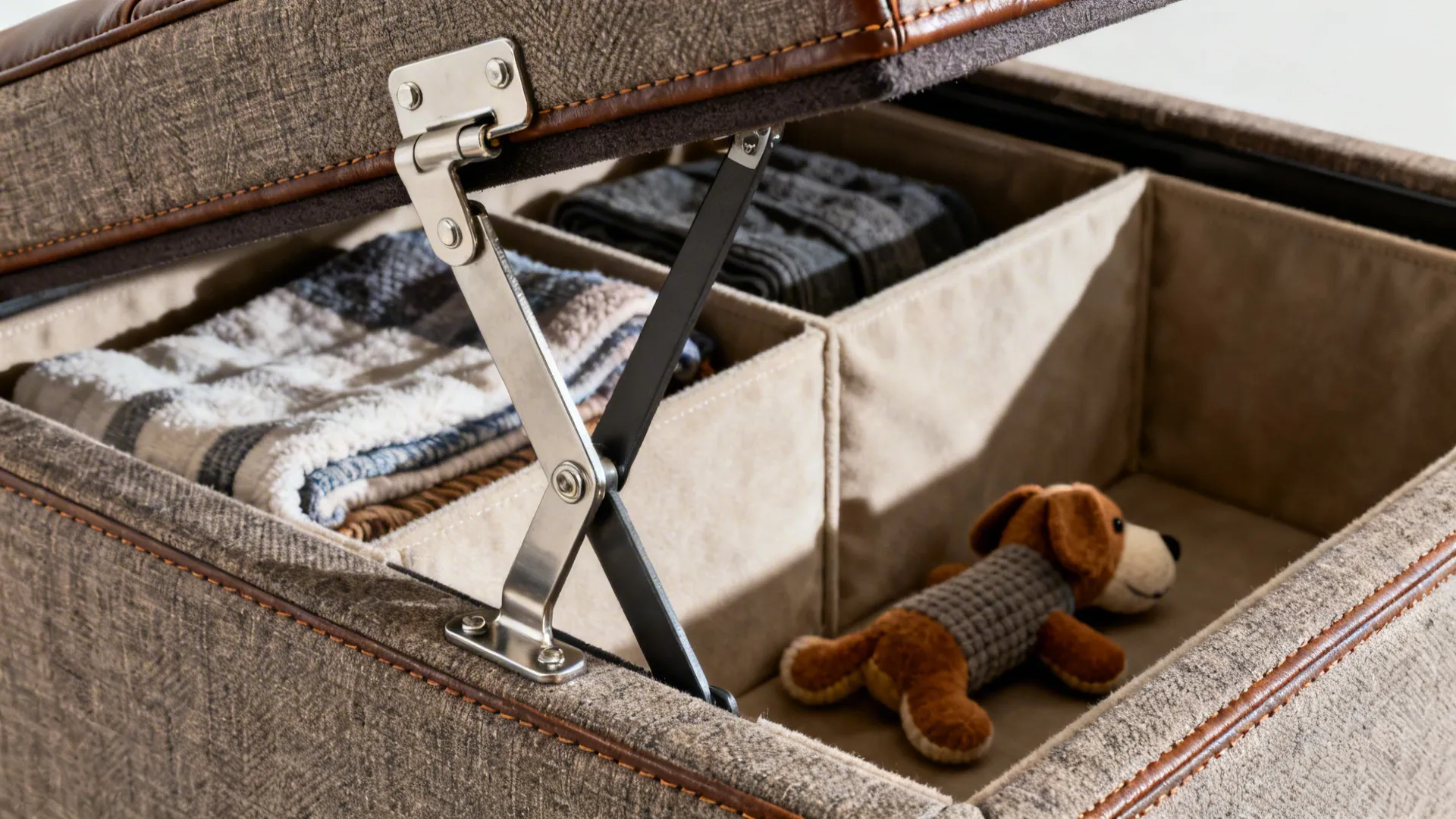 Close-up of a lift-top ottoman showing sturdy hinge, storage blankets, and fabric texture