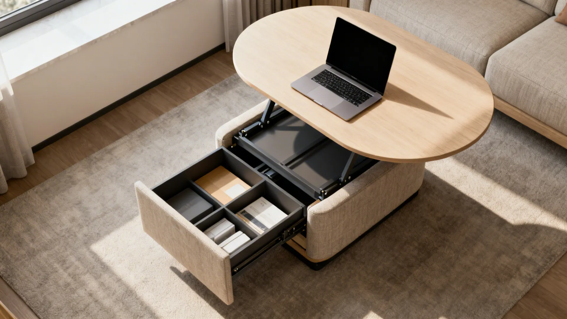 Wooden lift top coffee table with open drawer and laptop on a soft grey rug