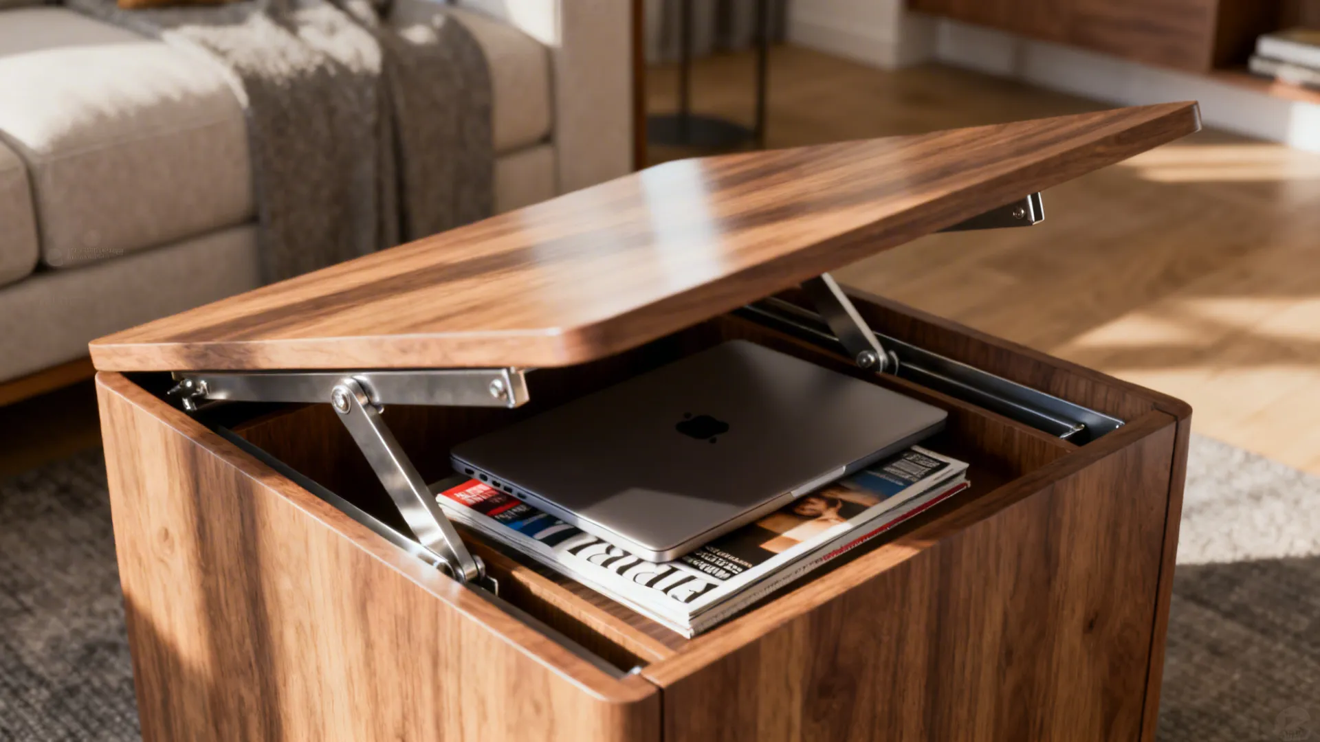 Wooden side table with a lifted top revealing a laptop and magazines stored inside room