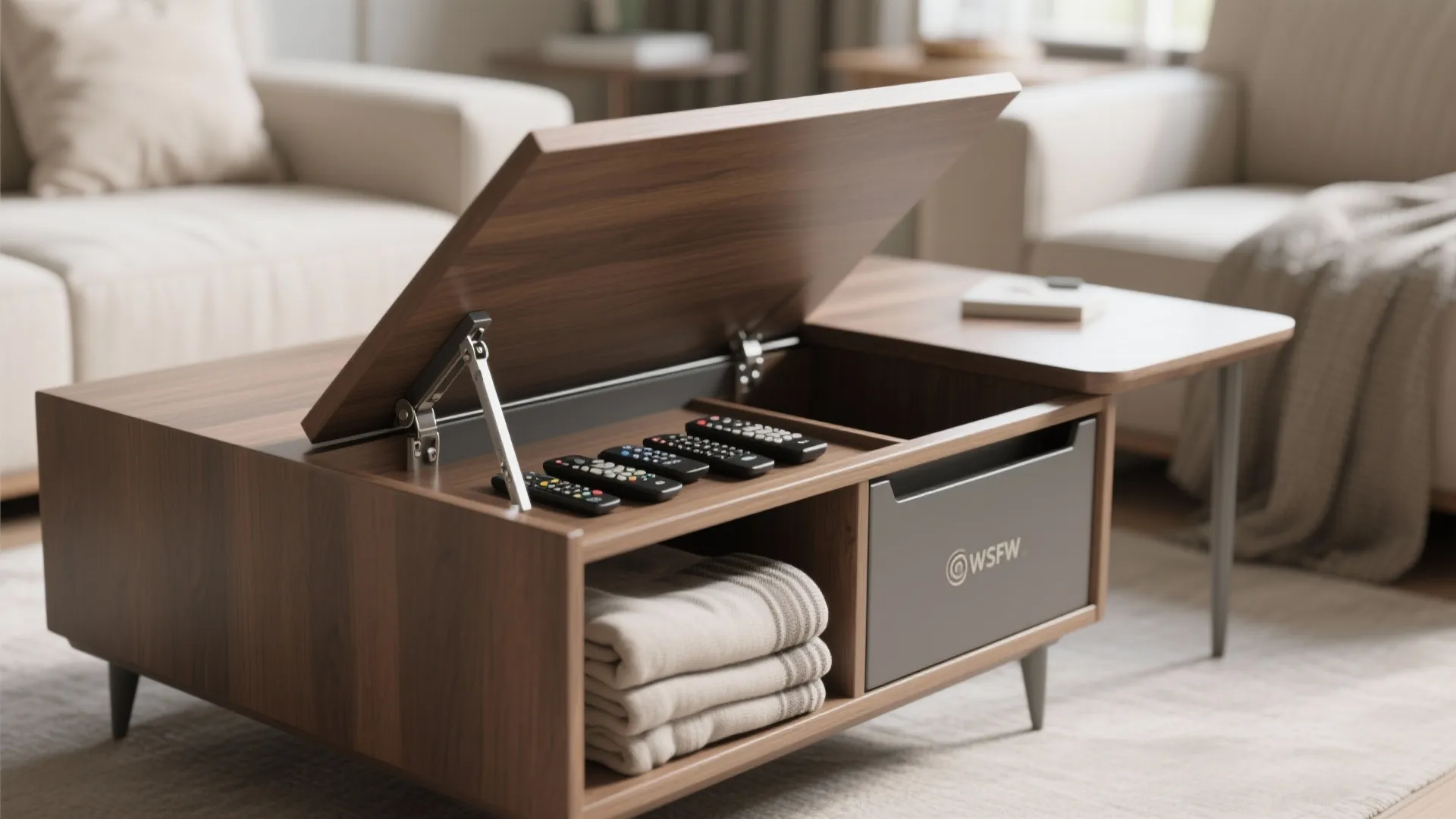 Modern wood coffee table with lift top storage showing remote controls and folded towels inside