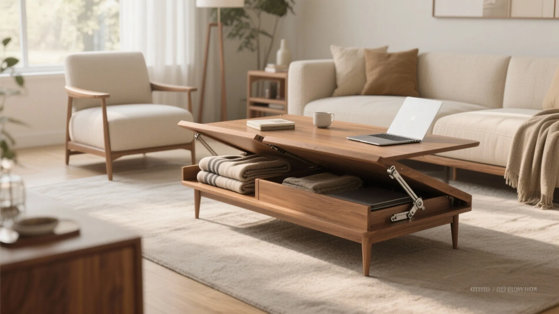 Modern wooden coffee table with lift top showing hidden storage for blankets inside the room