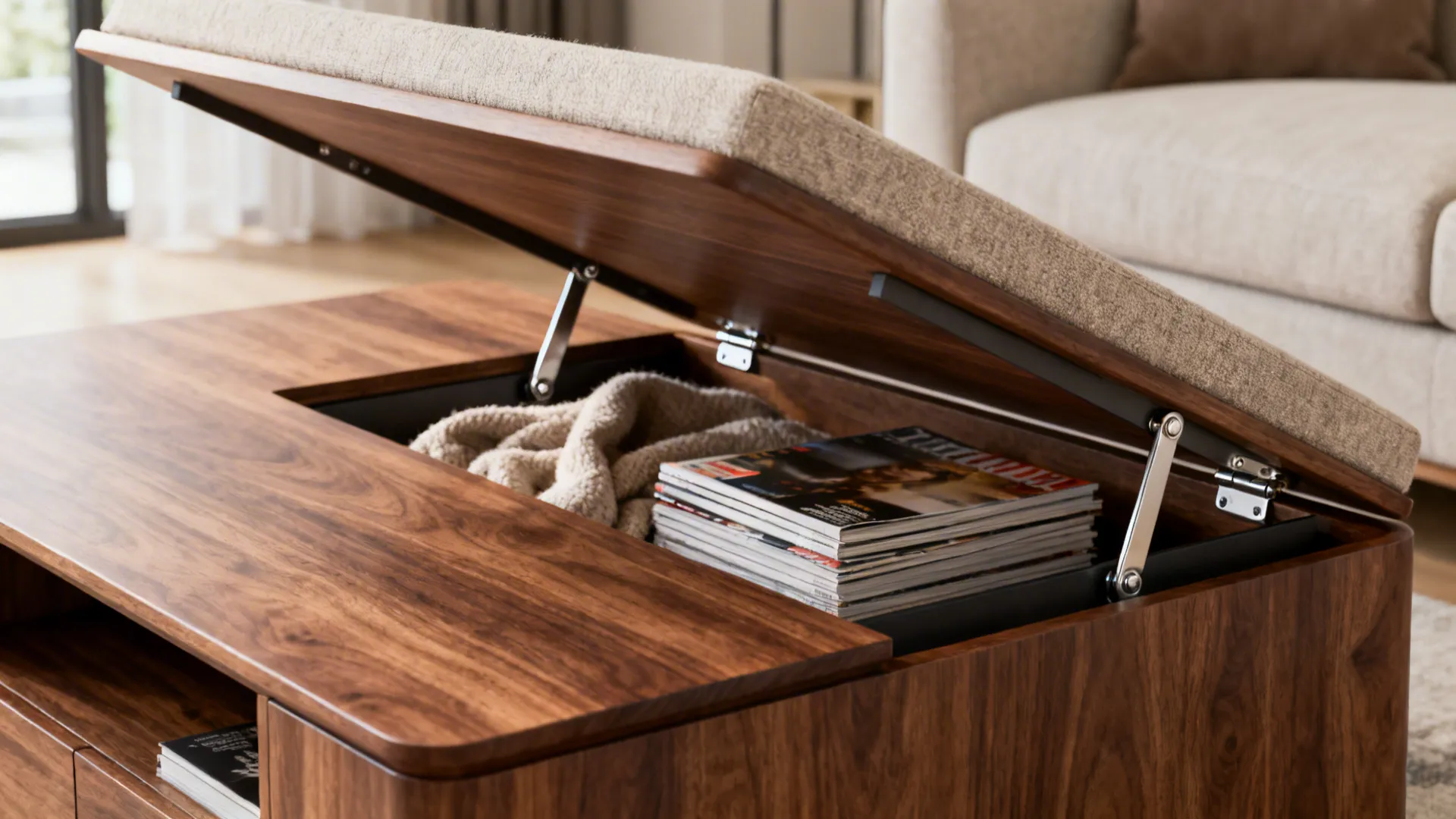 Lift-top coffee table with open storage compartment holding magazines and a blanket