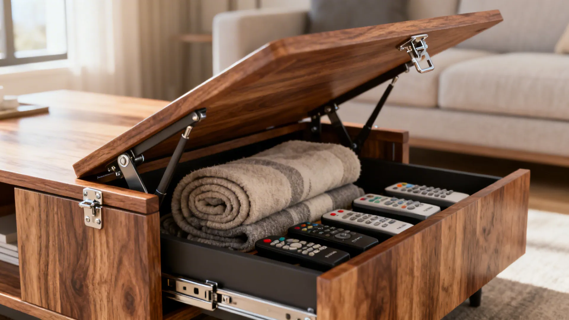 Close-up of a lift-top coffee table showing hidden storage with blankets and remotes