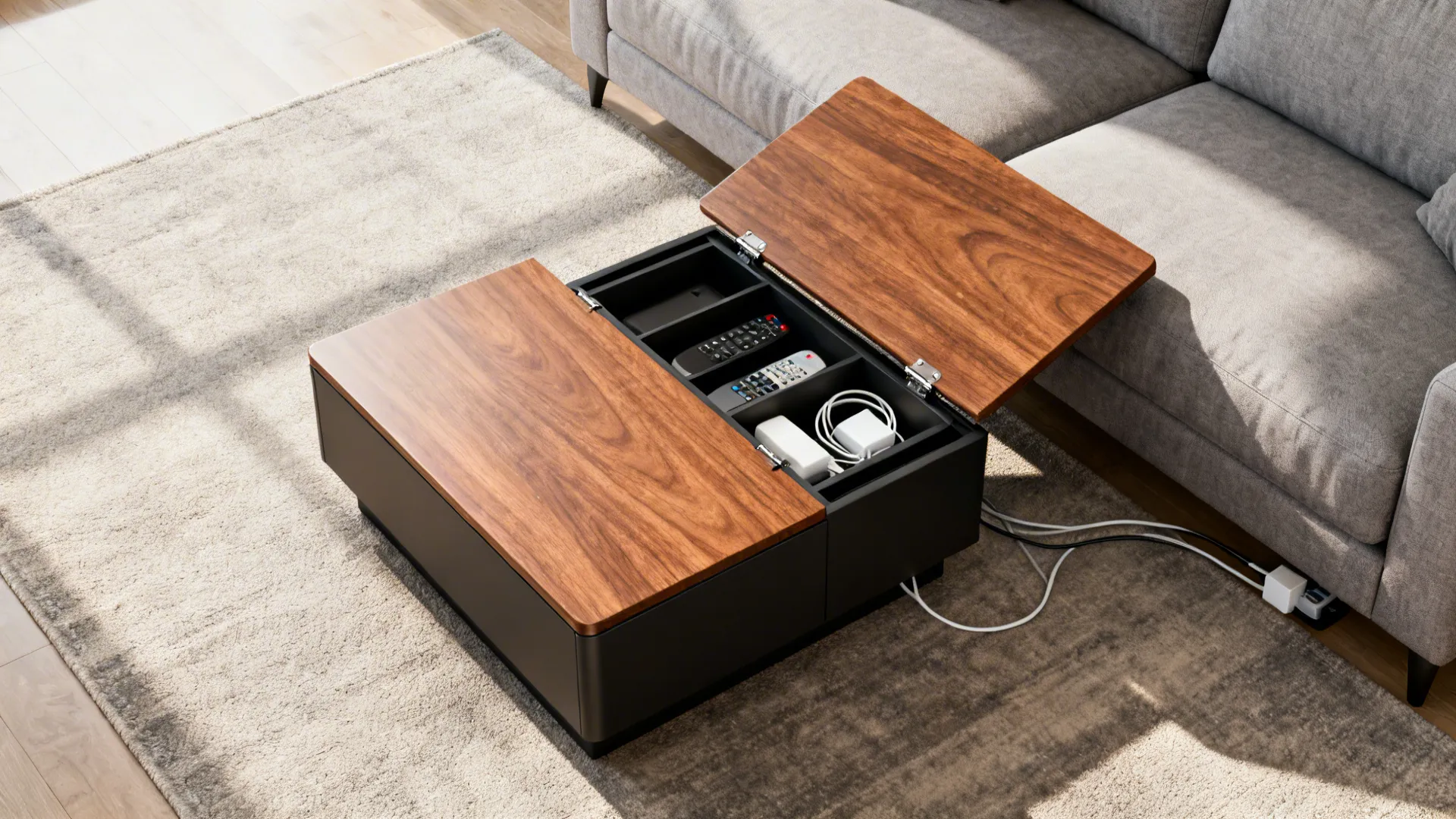 Modern coffee table with wooden top open to show storage for remotes and power cables
