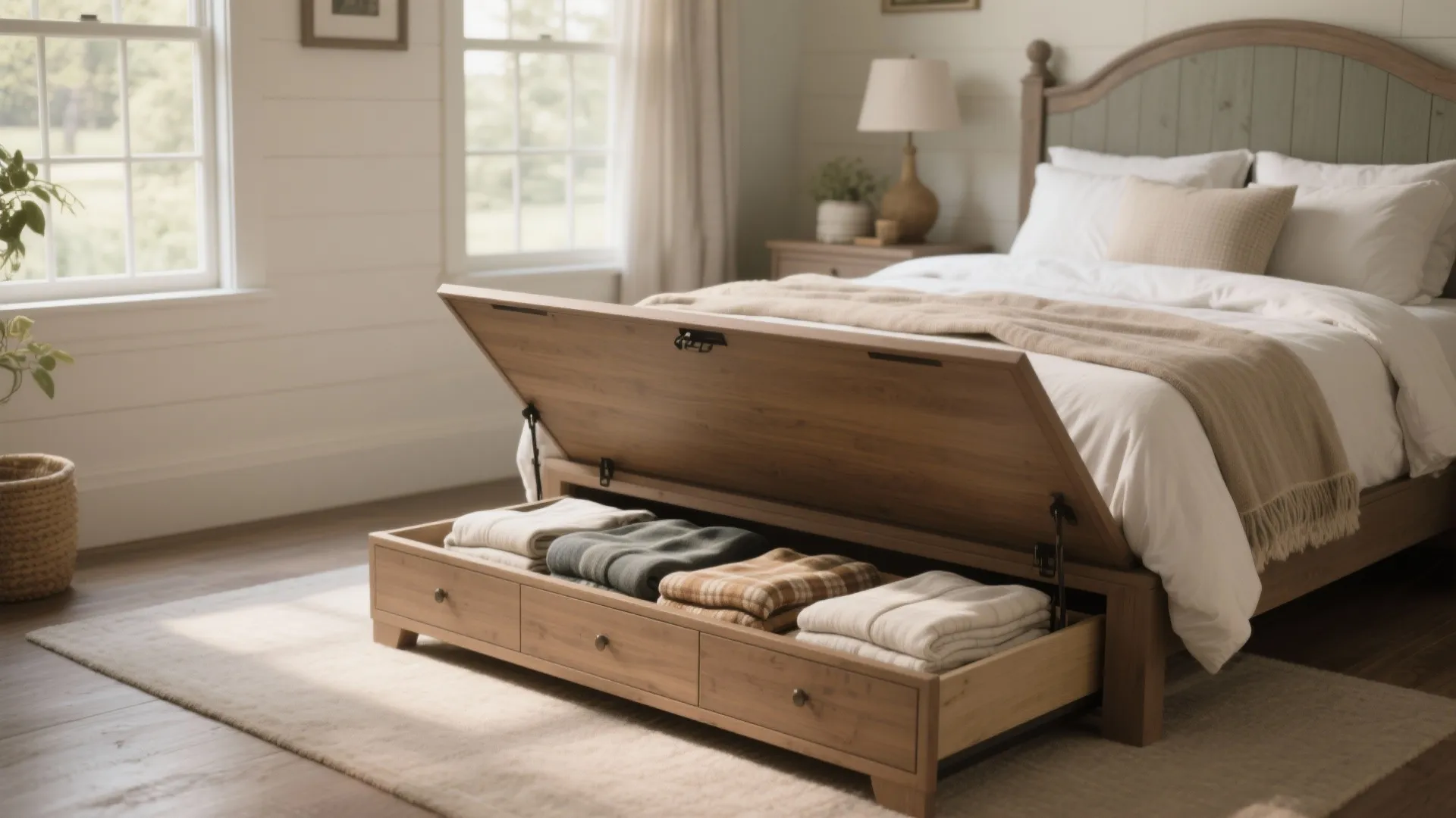 Wooden bed frame with an open lift top storage bench showing folded blankets inside a bedroom
