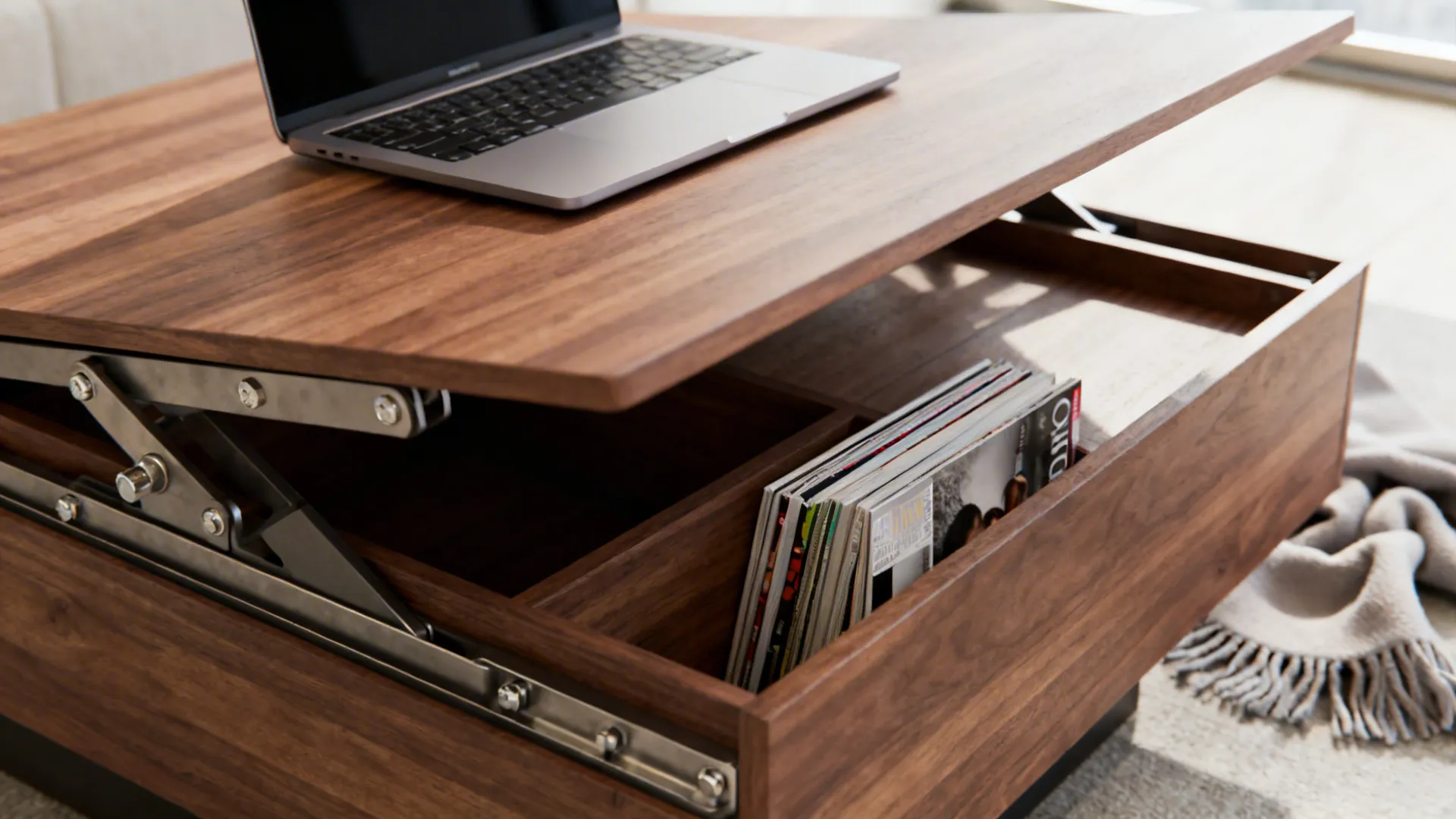 Lift-top coffee table with open storage and laptop, showing sturdy hardware and organized interior