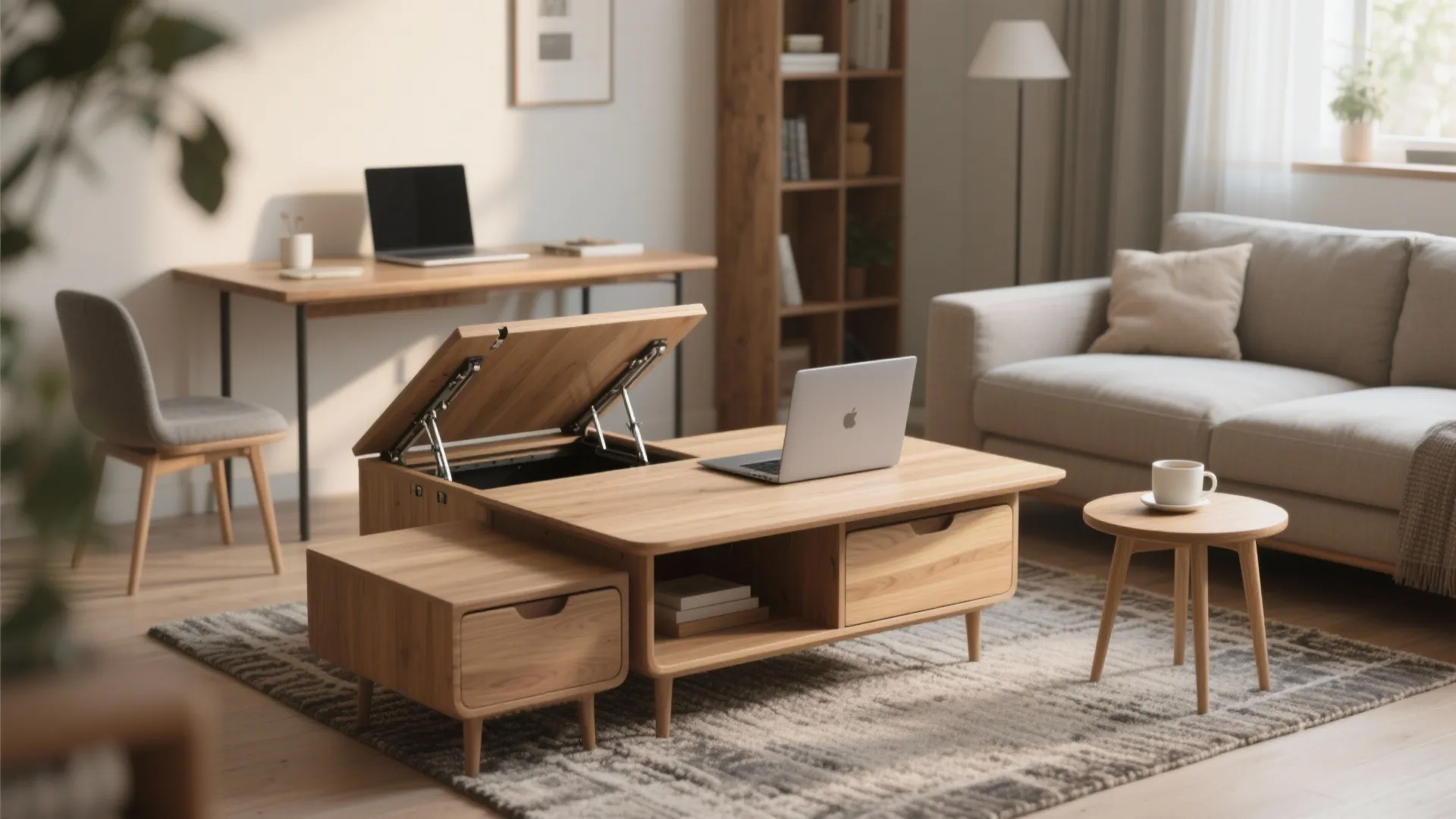 Modern wooden lift top coffee table showing storage space inside and a laptop on top