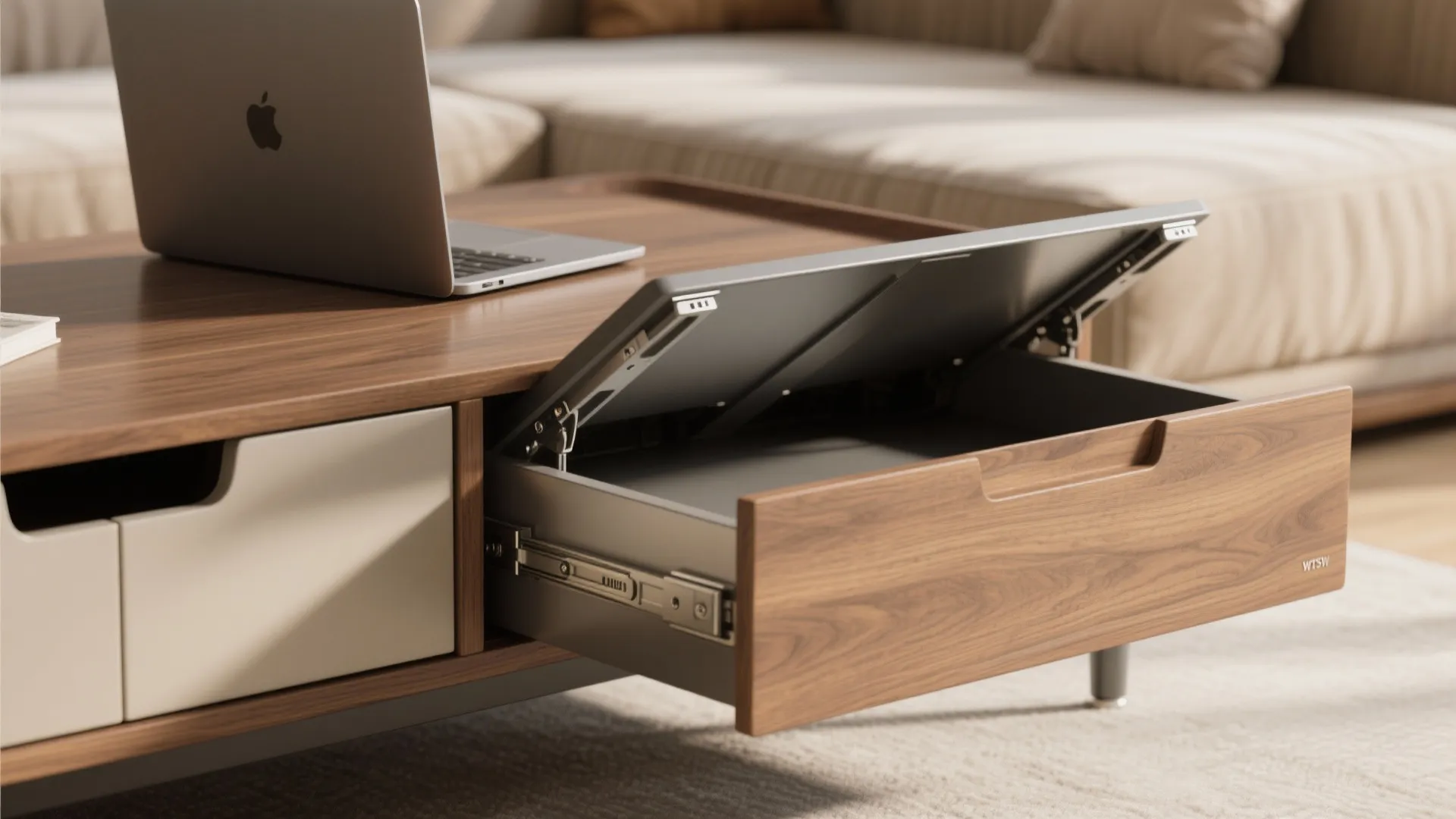Modern wood coffee table with lift top storage drawer and laptop in a living room